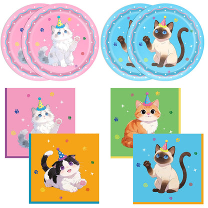 Funnio lucu 40Pcs Cat Birthday Decorations Tableware Set,Cute Kitten Theme Party Supplies Birthday Plates and Napkins Disposable Table Decor for Baby
