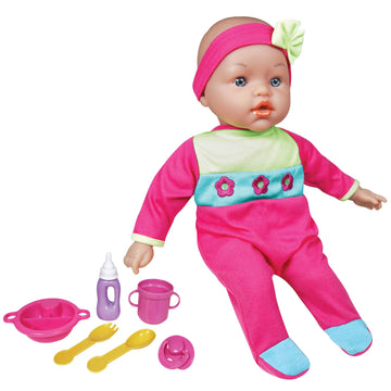 Lissi: 15" Moving Face Baby Doll - Pink-Green-Blue- Floral - Interactive Doll & Feeding Care Accessories, Sucks On Pacifier & Makes Noises, Kids 2+