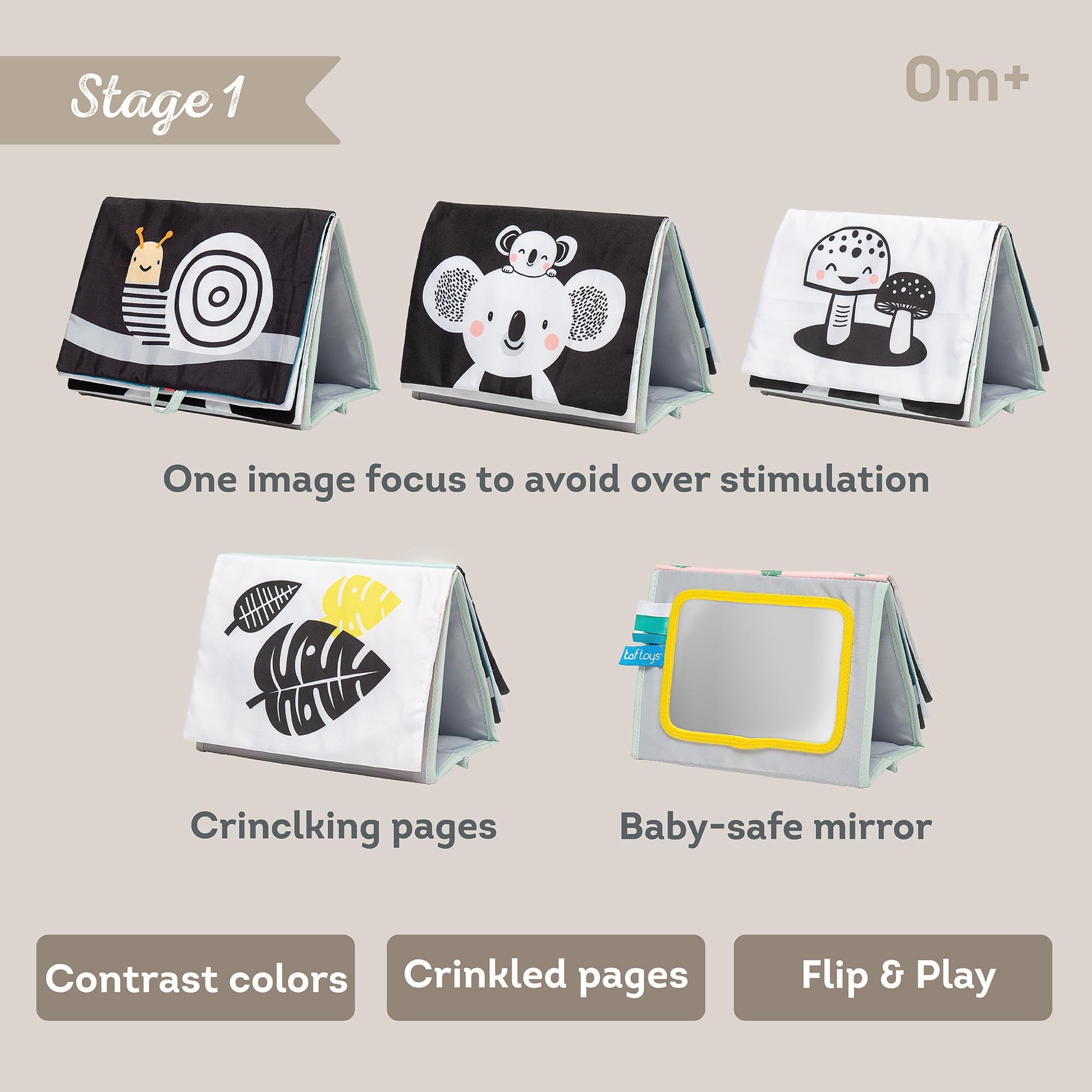 Taf Toys Tummy Time Baby Mirror Soft Baby Book with Mirror & Teether - Tummy Time Toys 0-6 Months - High Contrast Newborn Infant Toys - Ideal