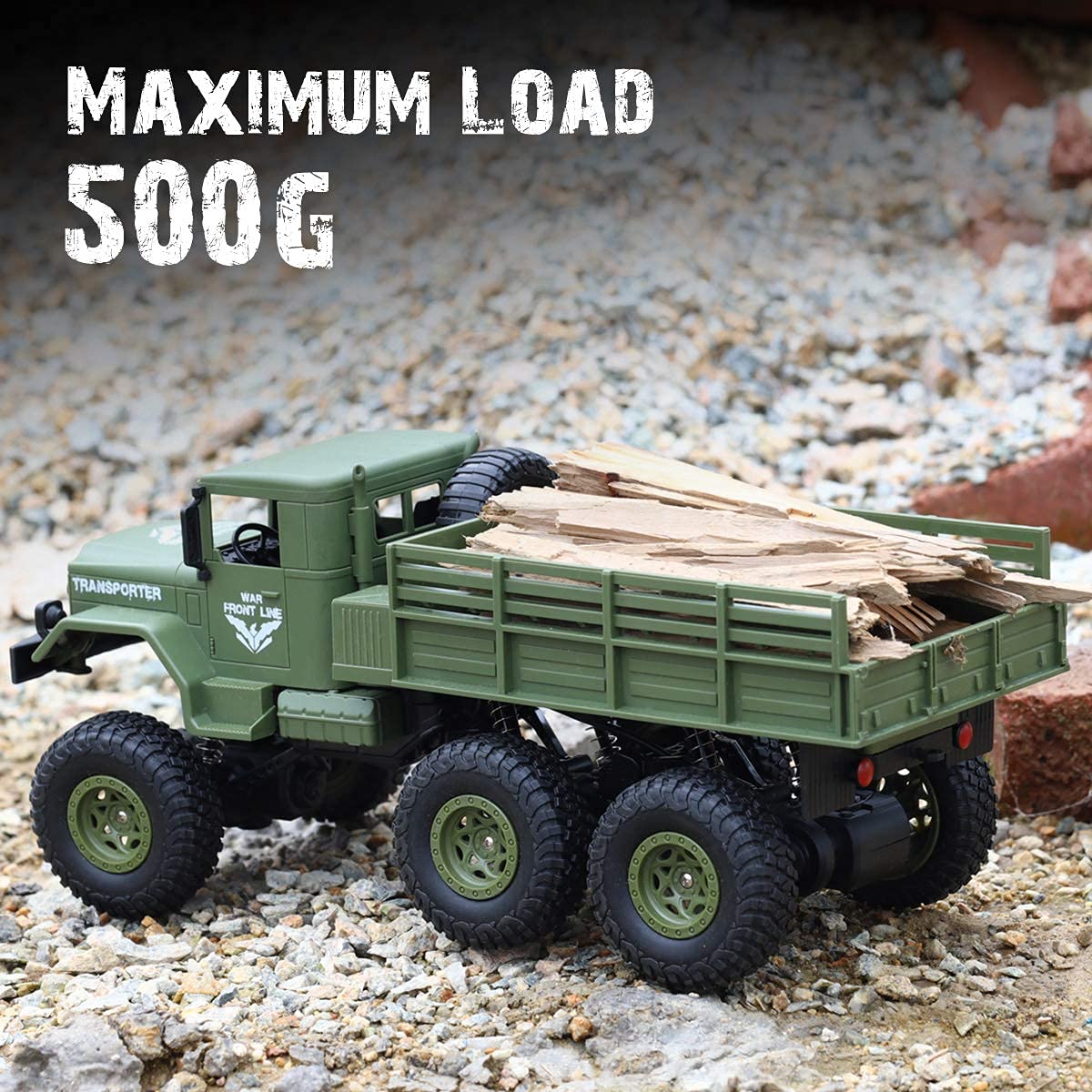 XINGRUI 1:18 RC Military Truck, 50 Min Playtime Remote Control Car, 2.4Ghz 4WD Off-Road Vehicle, All Terrain Toy with LED Lights, Gift for Boys Girls