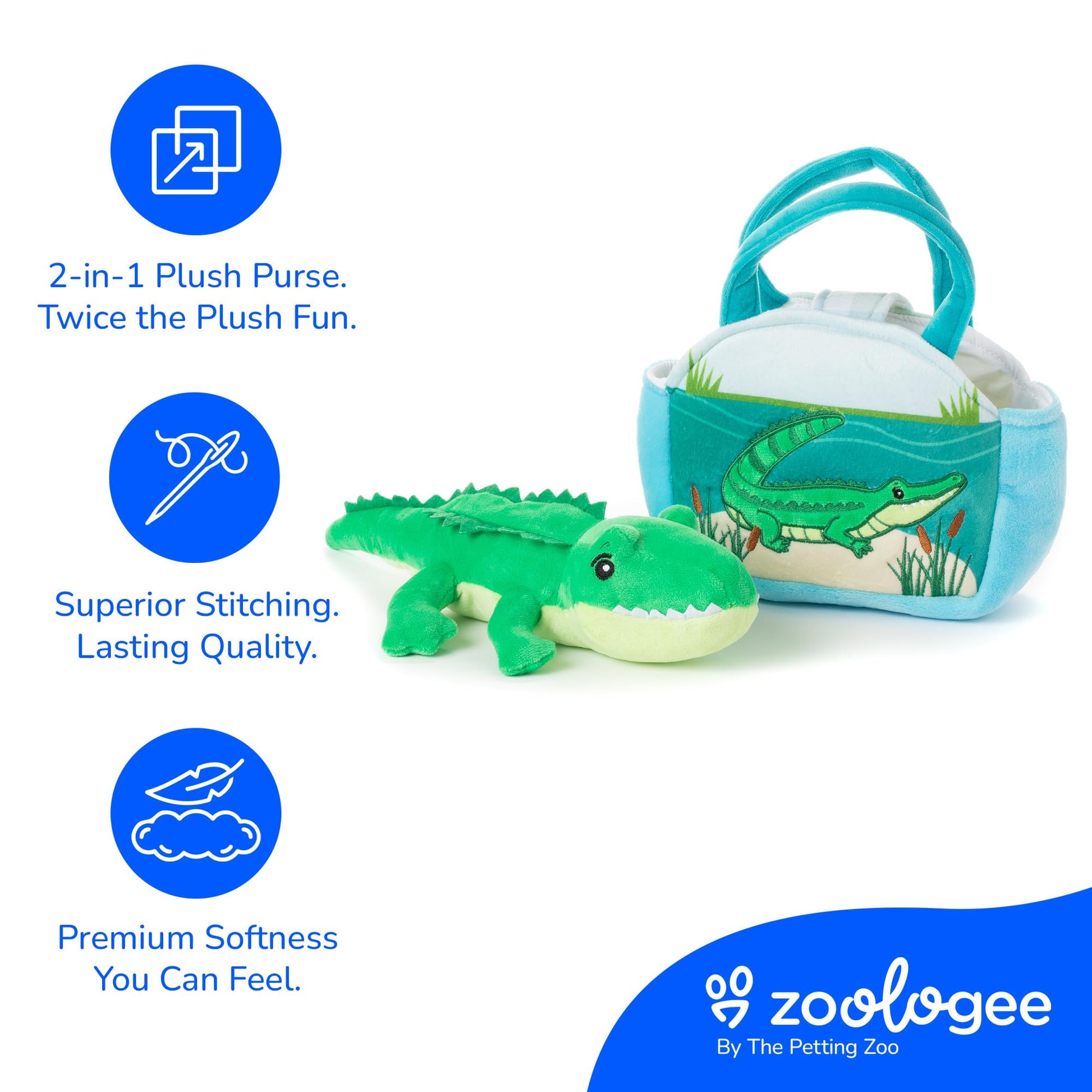 The Petting Zoo Alligator Stuffed Animal Plushie and Purse Set, Gifts for Kids, Wildlife Animal Toy, Green Alligator Plush Toy and Purse Pet Carrier