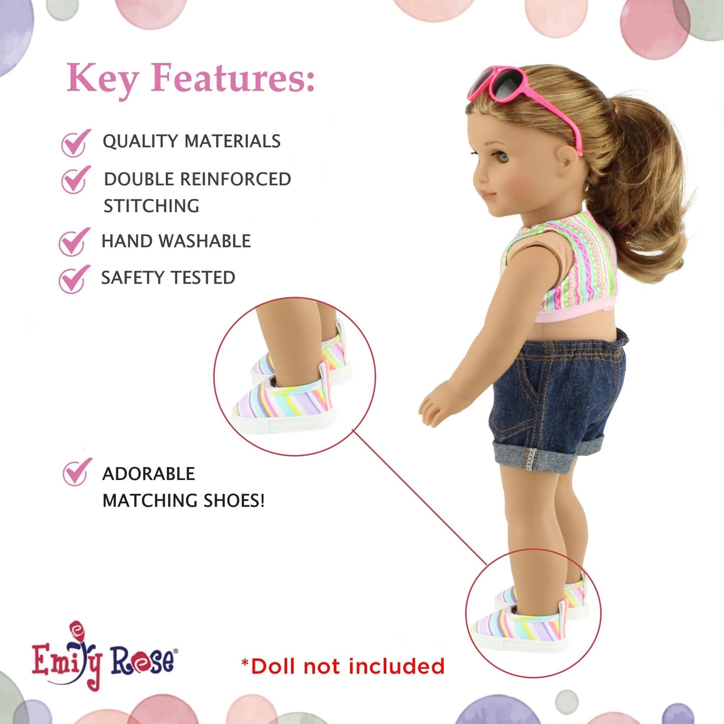 18 Inch Doll Swimsuit Set 7 Piece Beach Surfer Outfit - Emily Rose Rash Guard Denim Shorts Sunglasses Sandals - Doll NOT Included - Fits American Girl