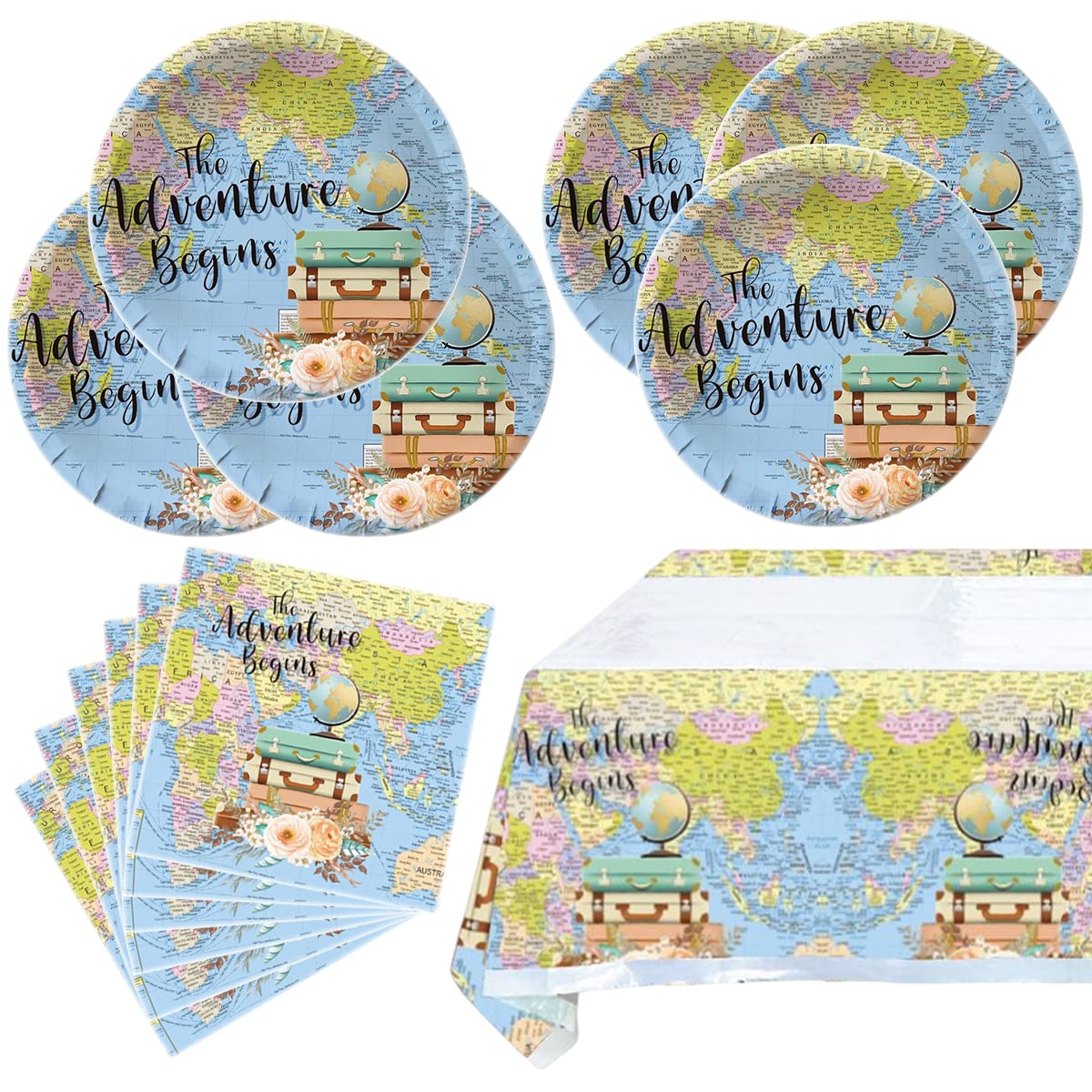 Adventure World Awaits Map Party Tableware,20 Plates and 20 Napkins and Tablecloth71 '' x 42 ''Travel Retirement Adventure World Party Decorate