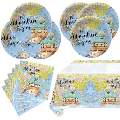 Adventure World Awaits Map Party Tableware,20 Plates and 20 Napkins and Tablecloth71 '' x 42 ''Travel Retirement Adventure World Party Decorate