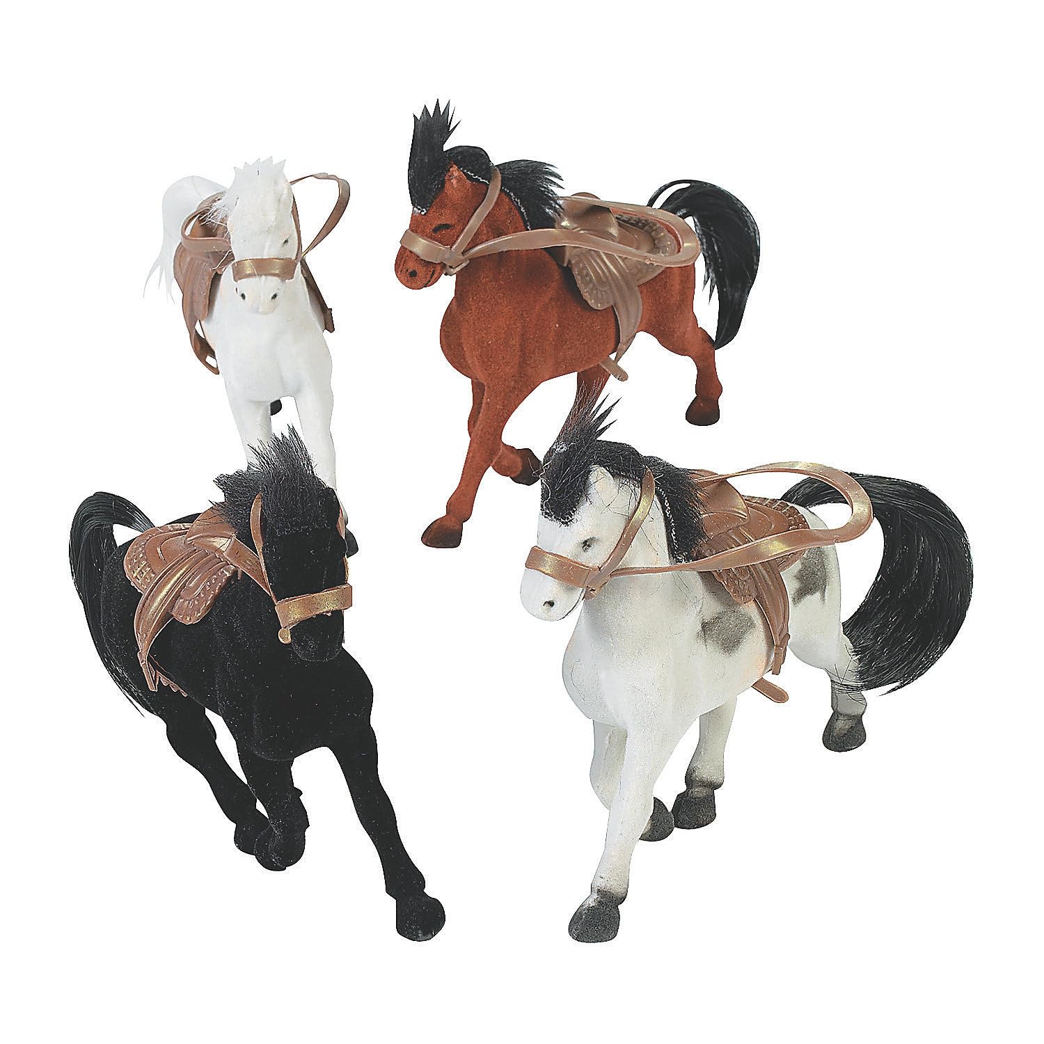 Fun Express Flocked Toy Horse Figures with Saddles Set - Realistic Miniature Horses for Kids Playtime Party Favors and Collectibles - Perfect