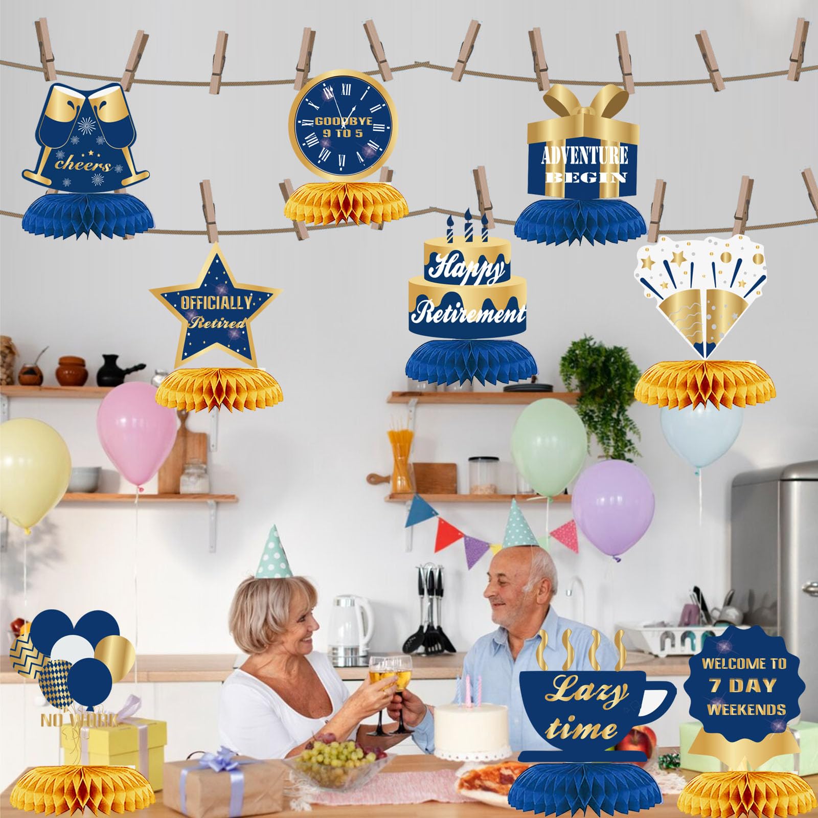 WINPOGEE 9Pcs Happy Retirement Decorations Table Honeycomb Centerpieces Party Supplies Blue Gold Retirement Adventure Awaits Sign for Men Retired