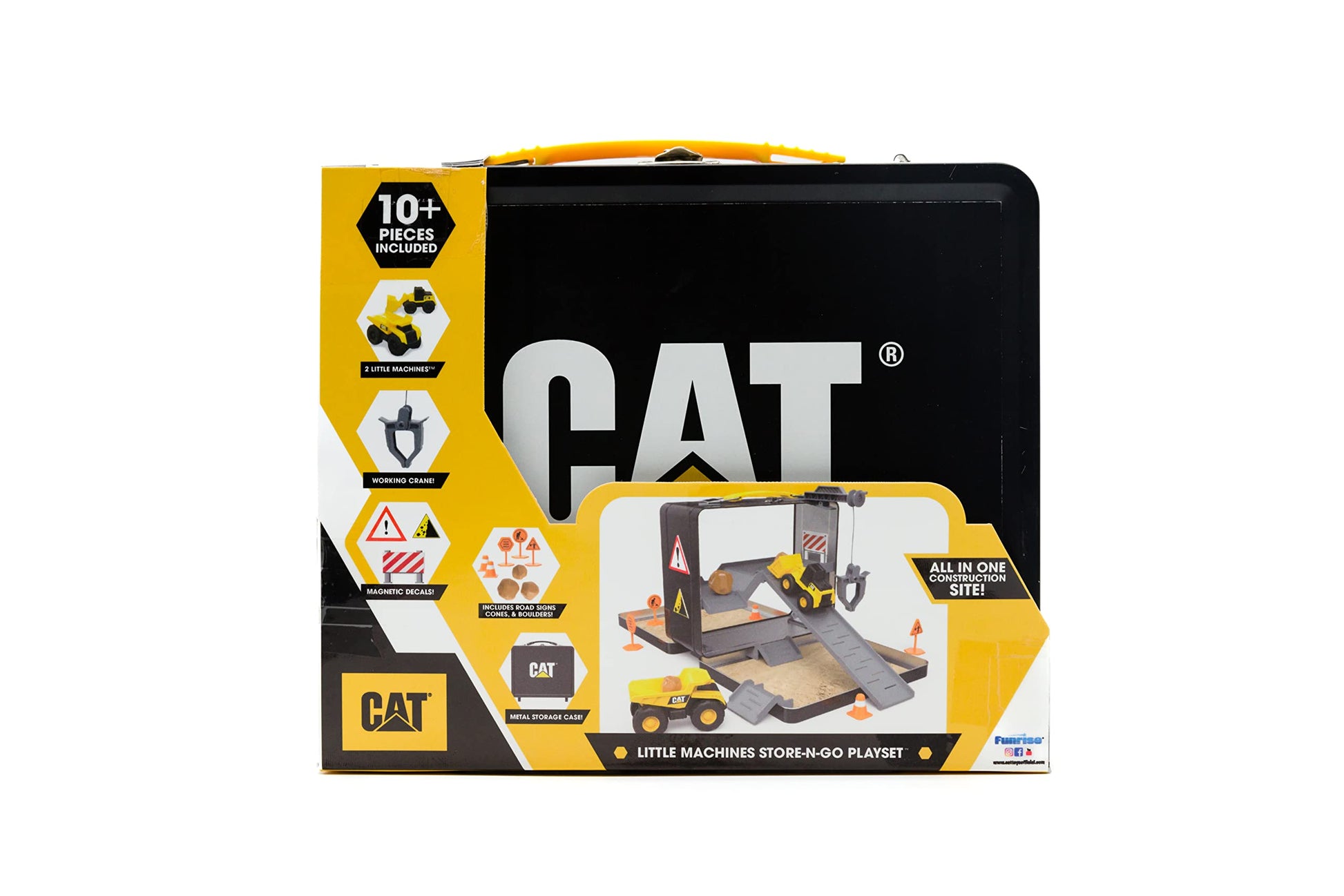 CAT Construction Toys, Store N Go Playset - Tin Travel Case Transforms into Multi-Level Worksite, Includes 2 Little Machines Vehicles & 10 +