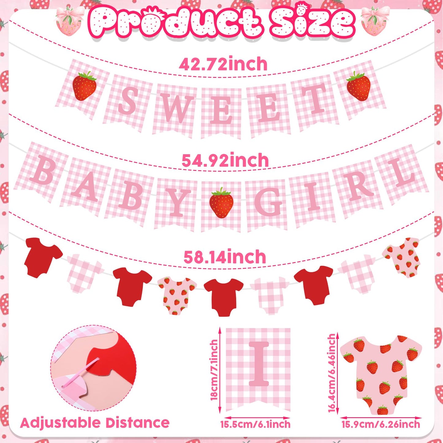 Maitys 3 Pcs Strawberry Baby Shower Decorations Girl Banners Pink Gingham Paper Garland with Baby Clothes Shaped Bunting for Girl Strawberry Birthday