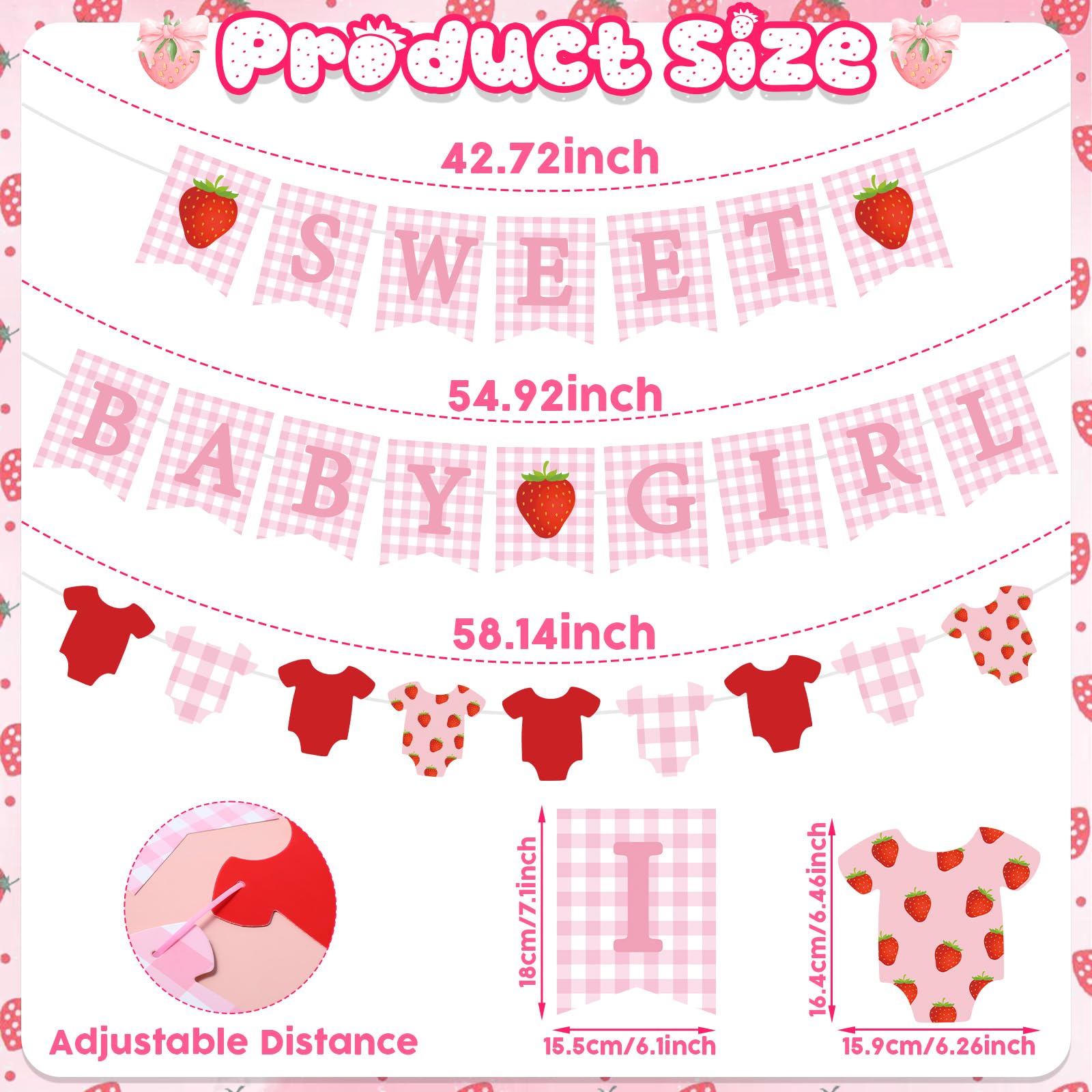 Maitys 3 Pcs Strawberry Baby Shower Decorations Girl Banners Pink Gingham Paper Garland with Baby Clothes Shaped Bunting for Girl Strawberry Birthday