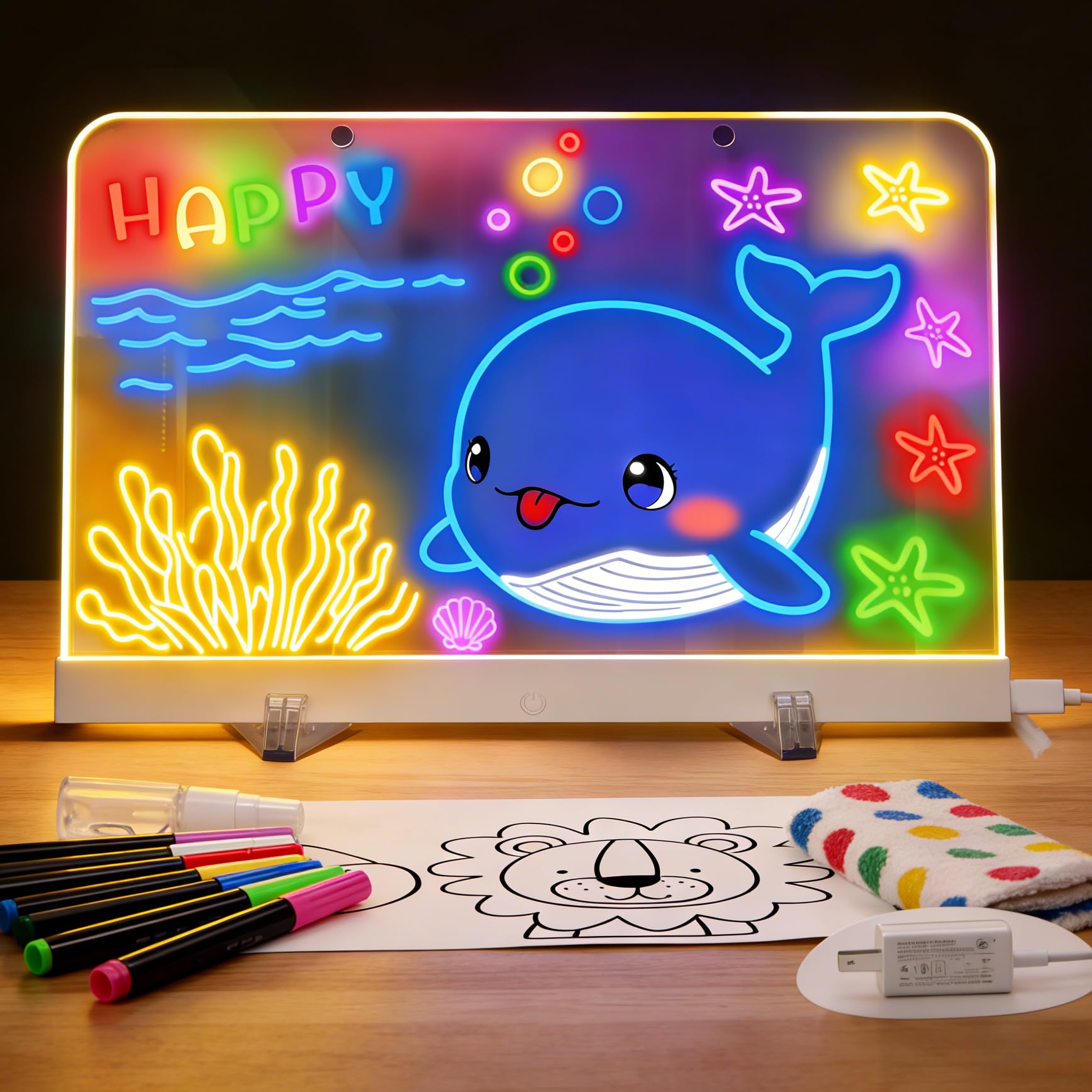 Nuyefo Upgrade LED Drawing Board, Washable Light Up Doodle Board, Acrylic Dry Erase Note Board, led Note Board with Colors, Tracing Pages, with Stand