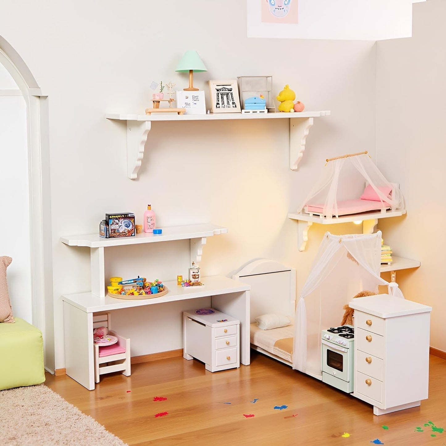 2Pcs White Dollhouse Wall Shelf,Doll House Storage Wall Shelf for Kitchen Scene Dollhouse Décor Accessories,1:12 Scale Miniature Accessories