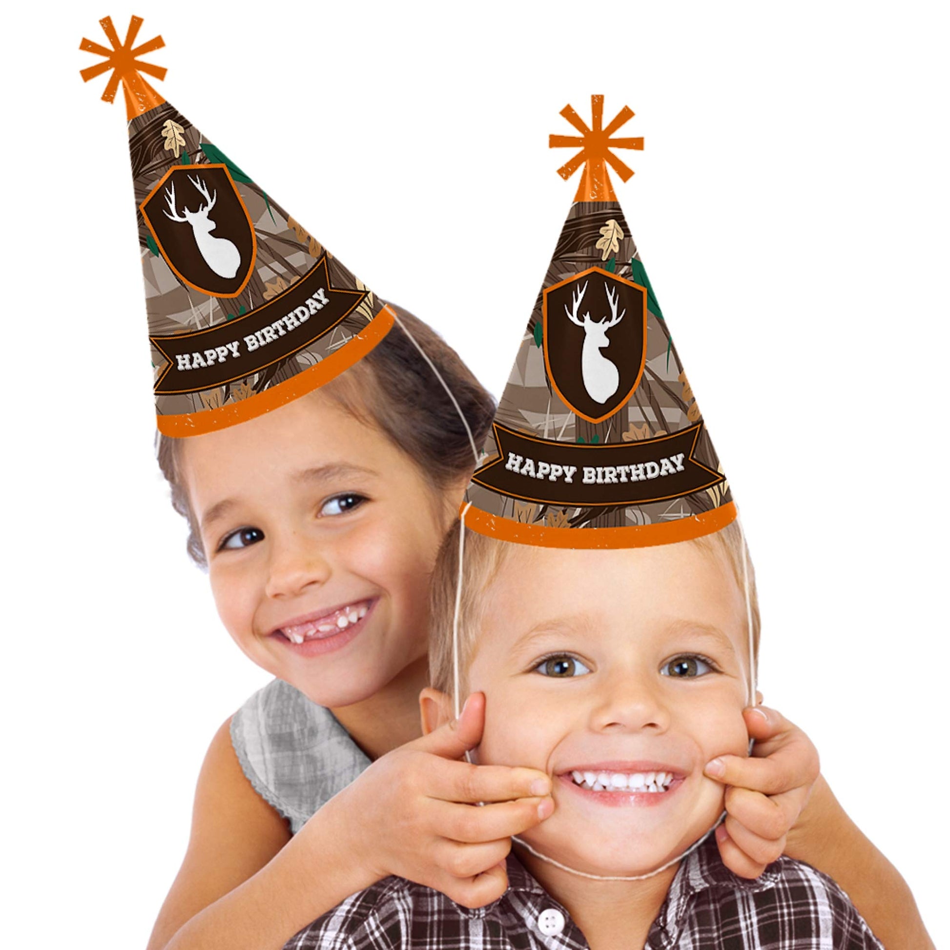 Big Dot of Happiness Gone Hunting - Cone Happy Birthday Party Hats for Kids and Adults - Set of 8 (Standard Size)