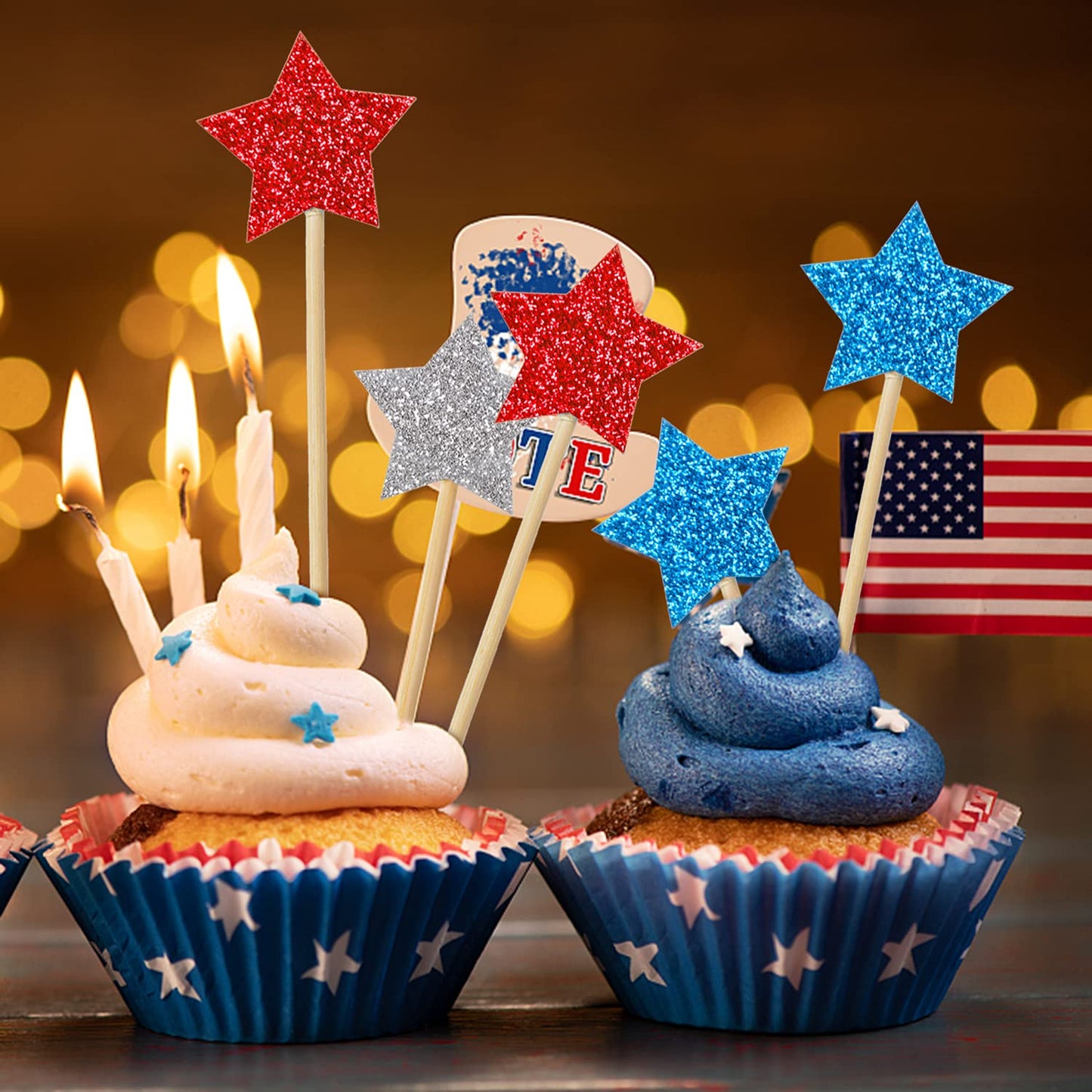 36 Pieces Glitter Star 4th of July Cupcake Toppers Glitter Gold Star Cakes Toppers for Independence Day 4th of July Party Supplies Favors(Blue Red