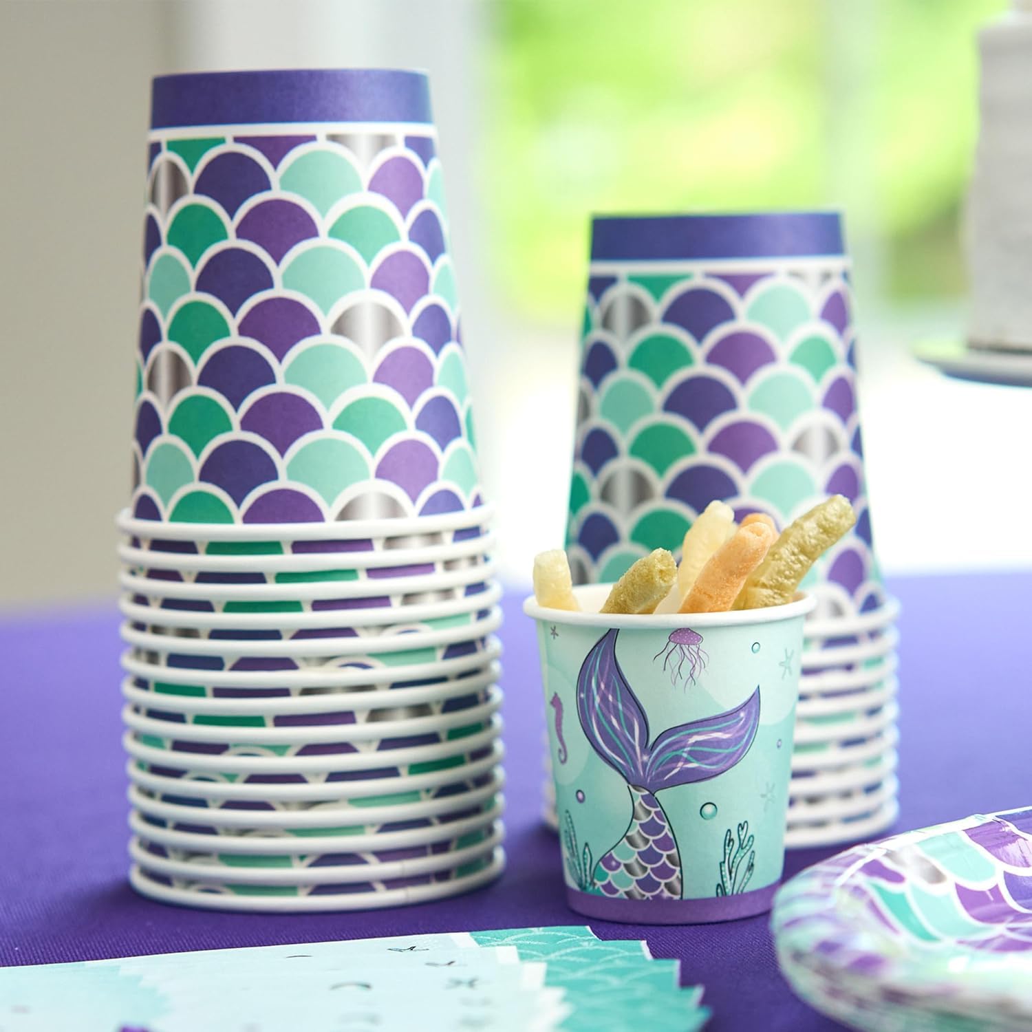 Royal Bluebonnet Mermaid Party Plates - 24 Sets of Purple Mermaid Paper Plates and Napkins Supplies, Sturdy 400 GSM Paper Products for Under the Sea
