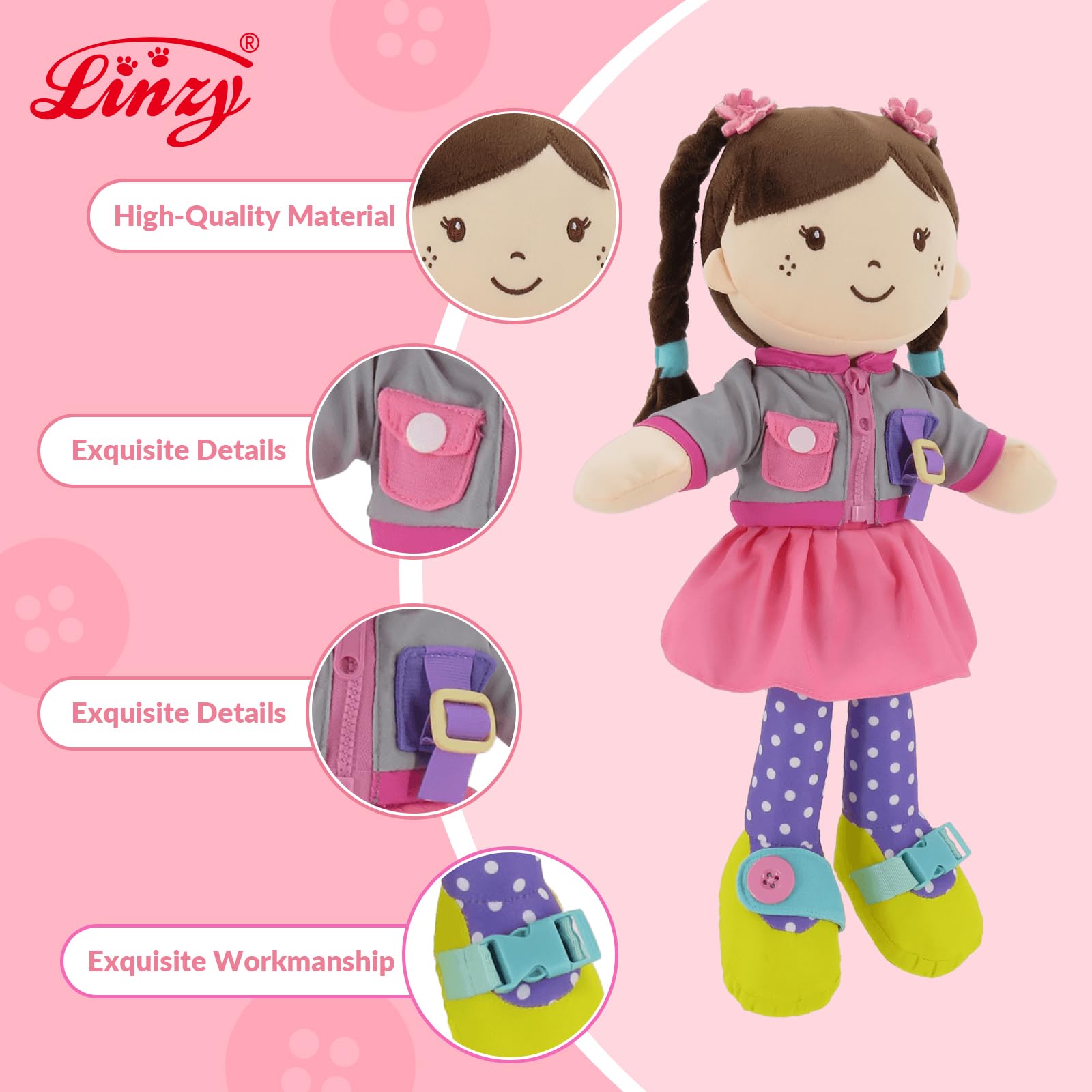 Linzy 15" Learn to Dress Stuffed Doll with Grey Jacket, Educational Montessori Doll for Toddlers, Soft Buckle Toy Gifts for 2 Year Old Girls