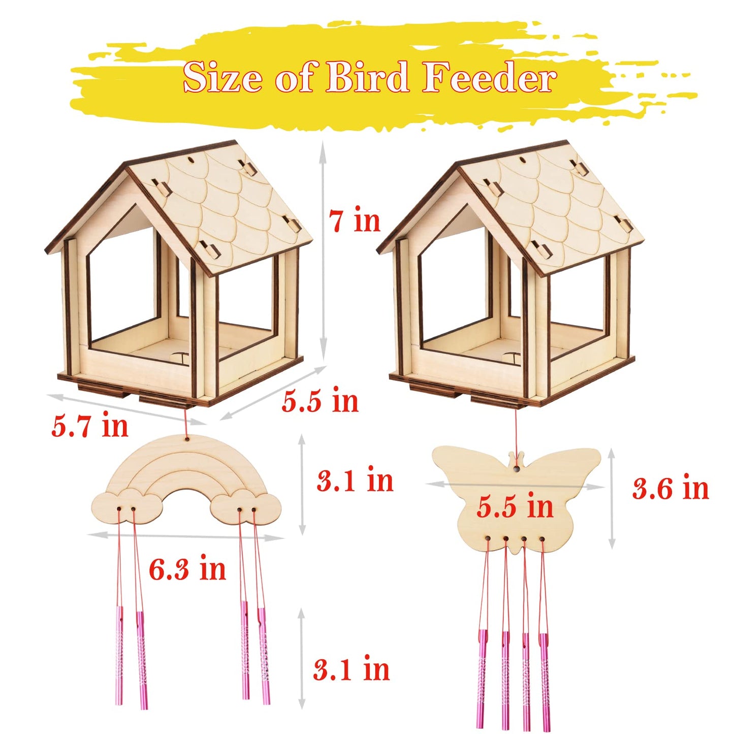 Kids Arts and Crafts for Outdoor,2 Pack Bird Feeder Wind Chime Kits for Children to Build and Paint, DIY Unfinished Wood STEM Painting Activities