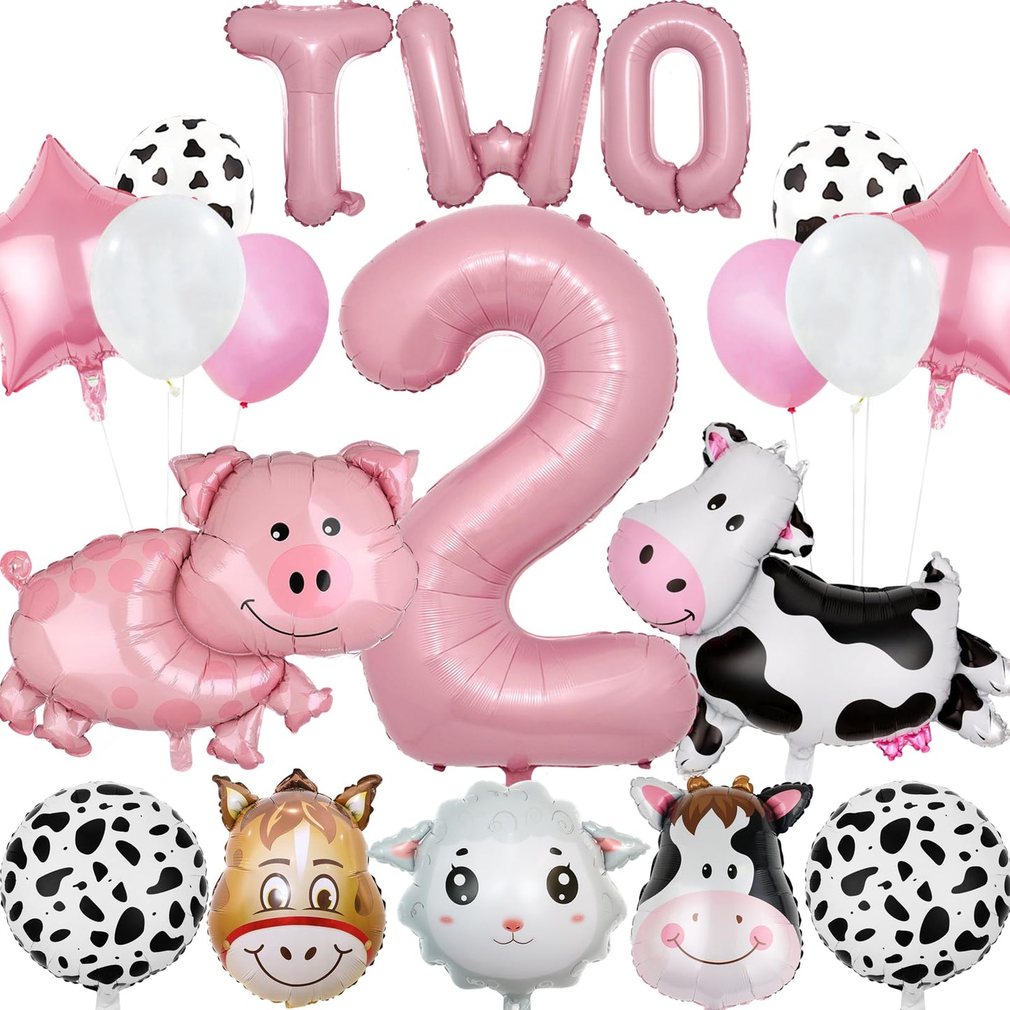 19 PCS Farm Animal Theme Party Balloons, Farm Cow Print Sheep Pig Donkey Mylar Foil Balloons Baby Shower Boy Girl 2nd Birthday Party Decor Supplies