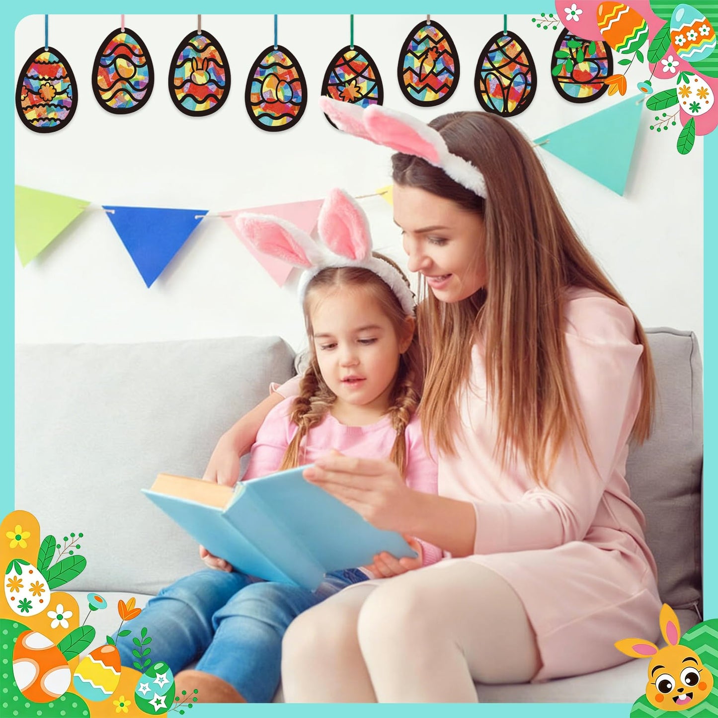 HABDJILTY 32PCS Easter Egg Crafts Kit,Paper Egg Suncatchers,Easter Tissue Paper Suncatcher Bulk Stained Glass Effect,Easter DIY Kits for Holidays