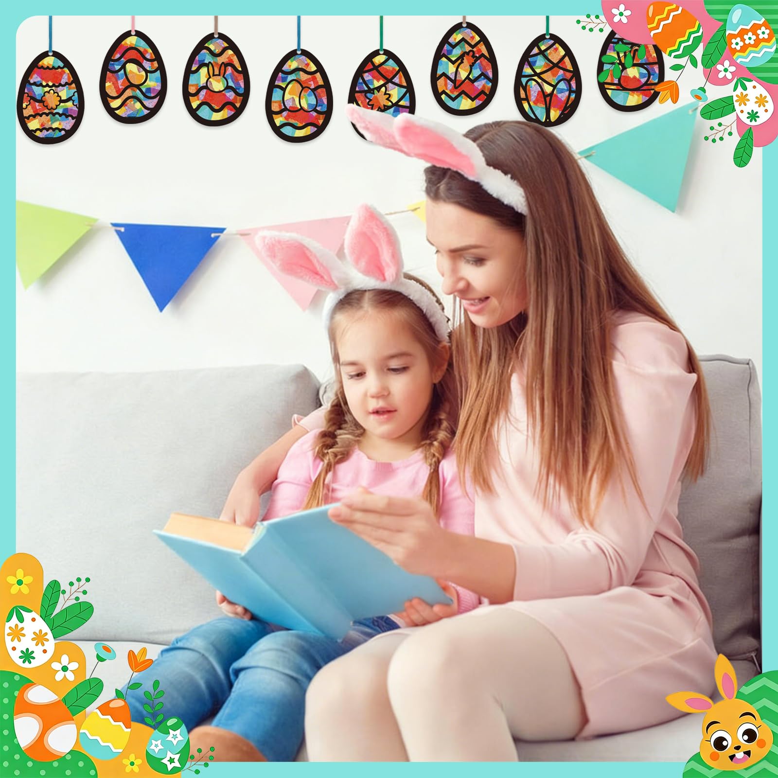 HABDJILTY 32PCS Easter Egg Crafts Kit,Paper Egg Suncatchers,Easter Tissue Paper Suncatcher Bulk Stained Glass Effect,Easter DIY Kits for Holidays