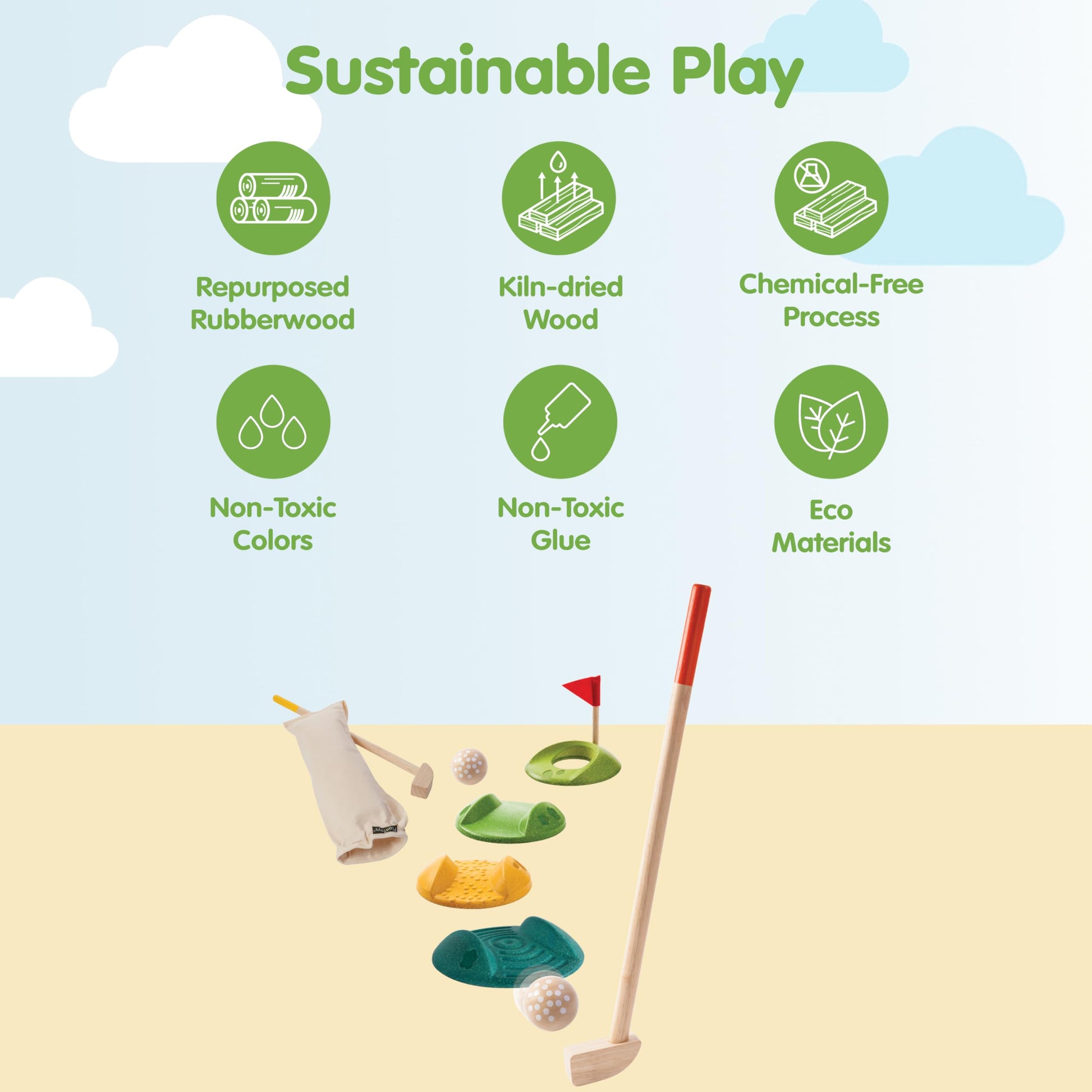 PlanToys® Mini Golf Set for Kids Wooden Game with 2 Putters, Balls & Target