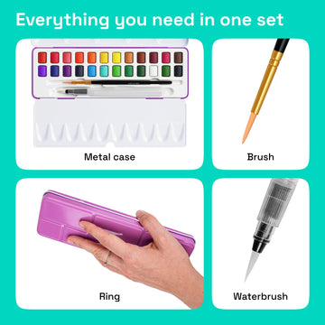 ARTISTRO 24 Color Watercolor Paint Set - Portable Paint Art Kit with Palette and Brush Pens - Travel Water Color Set for Adults, Professionals, Kids