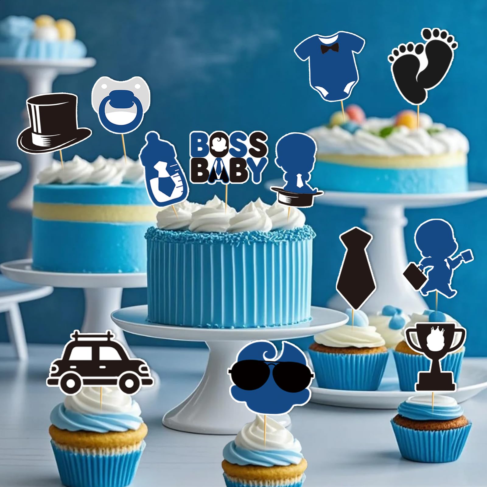 24pcs Baby Boy Cake Topper Baby Shower Cake Decorations Boss Party Decorations Boys Gender Reveal Party Decorations Birthday Party Supplies