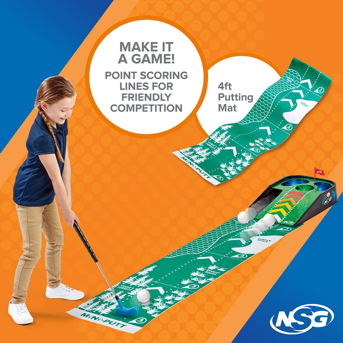 NSG Electronic Mini Golf Putting Game for Kids - Indoor Golf Toy with 4ft Mat, Aiming Pin Flag, Auto Ball Return, Cheers & Sounds, Lights, 3 Balls