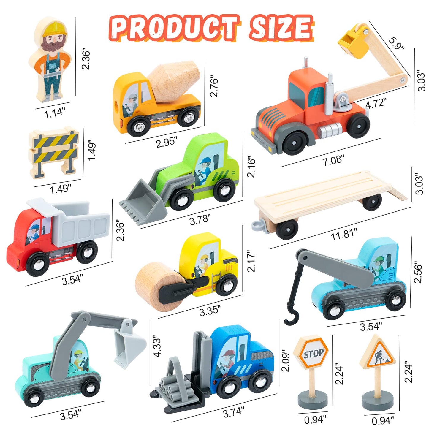 Wooden Construction Site Vehicles with Trailer 14 PCS Set, Vehicle Toys Cars for Toddlers and Kids Ages 3+ Gifts for Boys Girls, Compatible