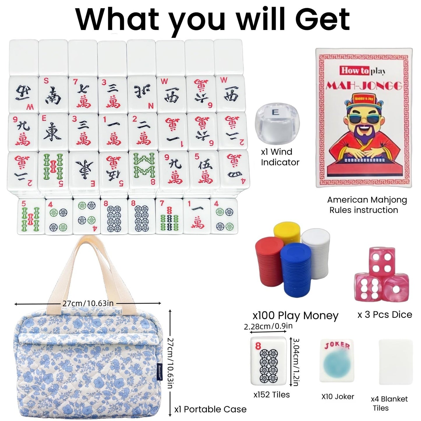 bestcool Mahjong Tile Set, American Mahjong Set with Floral Quilted Carrying Bag, 166 White Tiles, Includes Chips & Dice - Portable Travel Complete