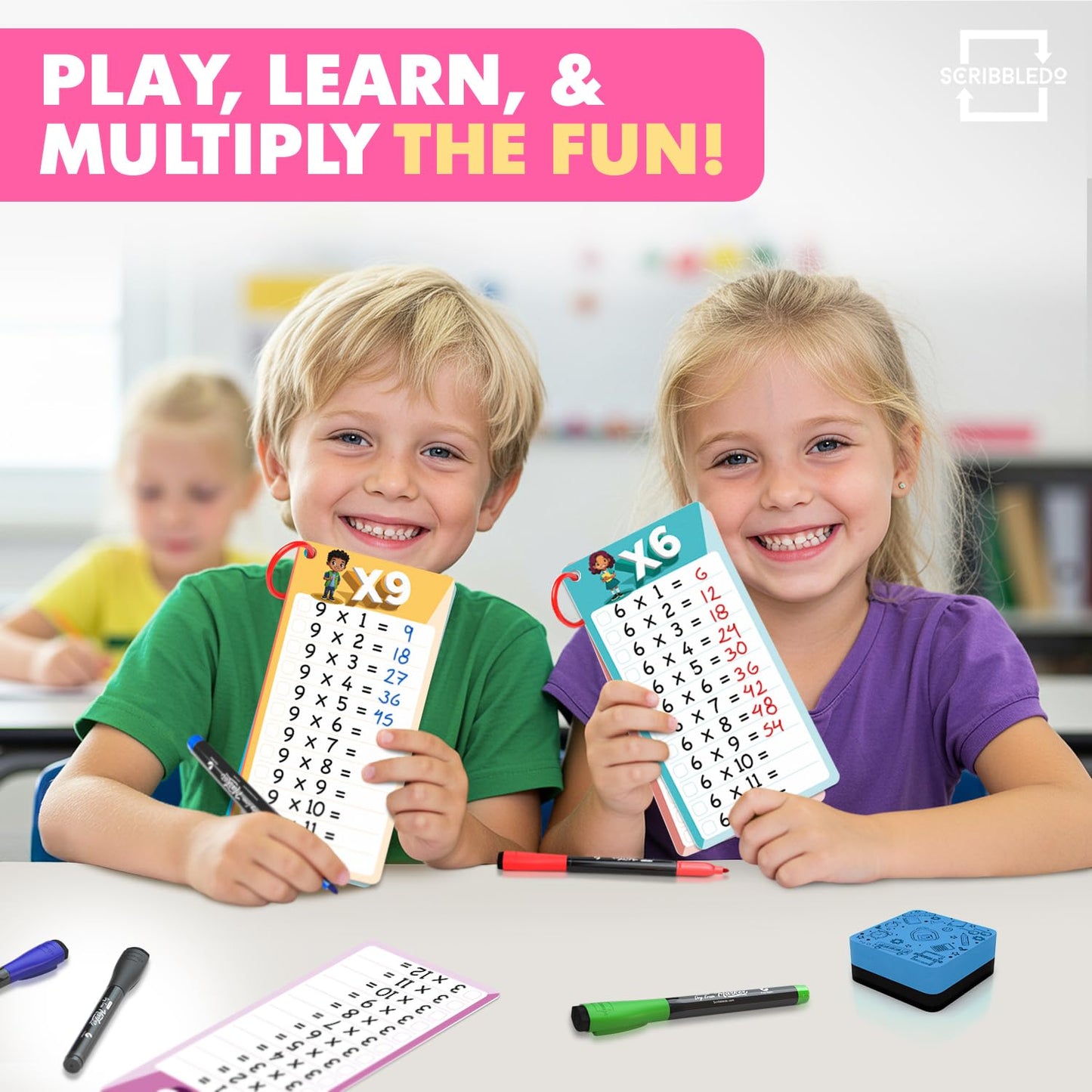 SCRIBBLEDO Dry Erase Multiplication Flash Cards Math 0-12 2nd 3rd 4th Grade Math Flash Cards Reusable Wipe Clean Double-Sided Multiplication