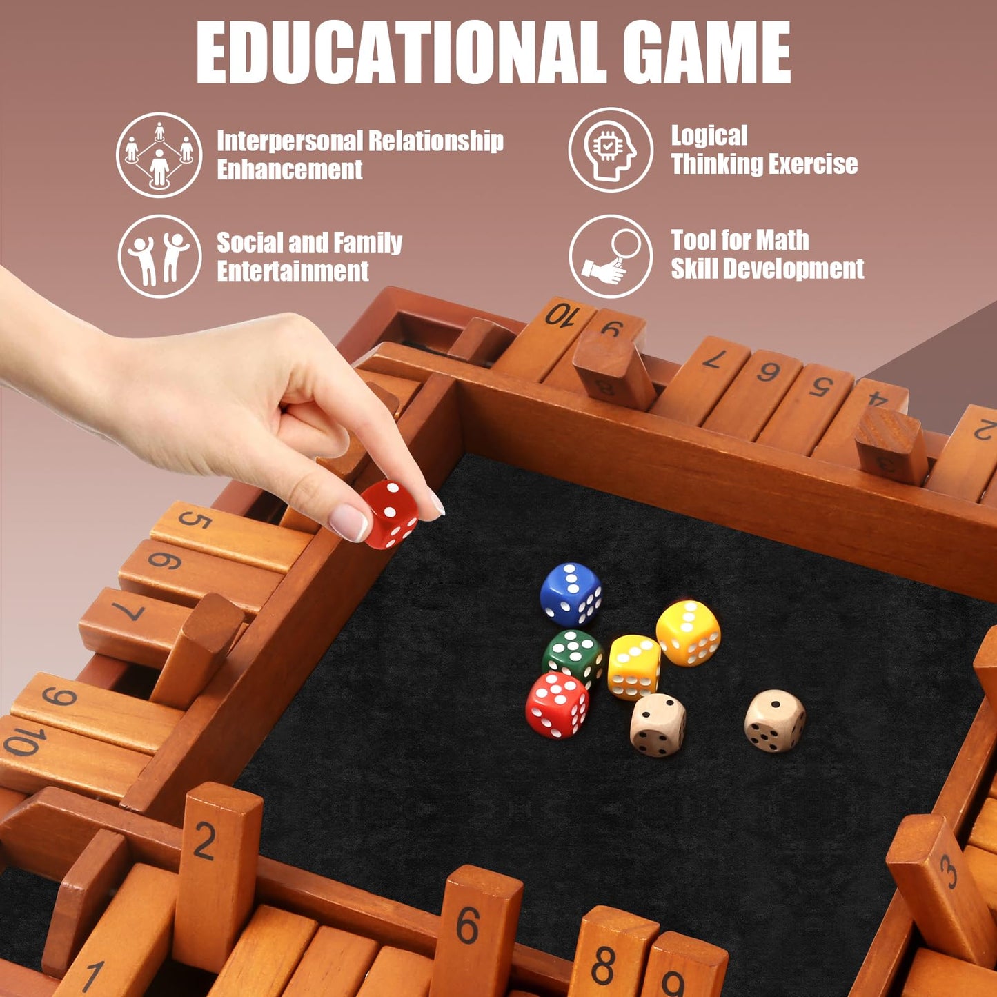 Toidgy 4 Players Shut The Box Dice Games, Wooden Board Table Math Game with 12 Dice and Instructions, Classics Close The Box Board Game for Adults