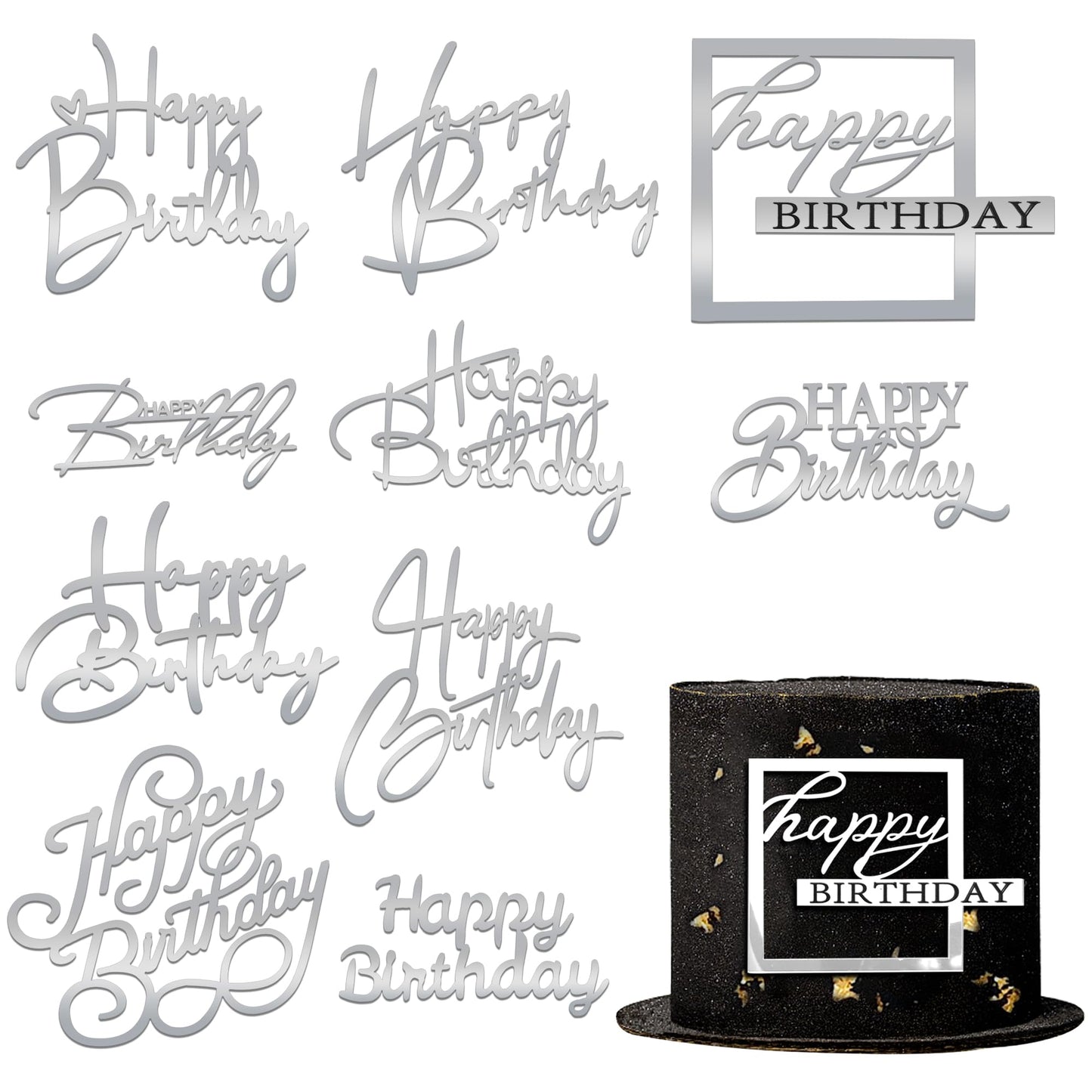 10 PCS Silver Happy Birthday Acrylic Cake Toppers Mirrored Side Cake Decorations Inserts 10 Styles (Silver)