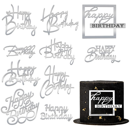 10 PCS Silver Happy Birthday Acrylic Cake Toppers Mirrored Side Cake Decorations Inserts 10 Styles (Silver)