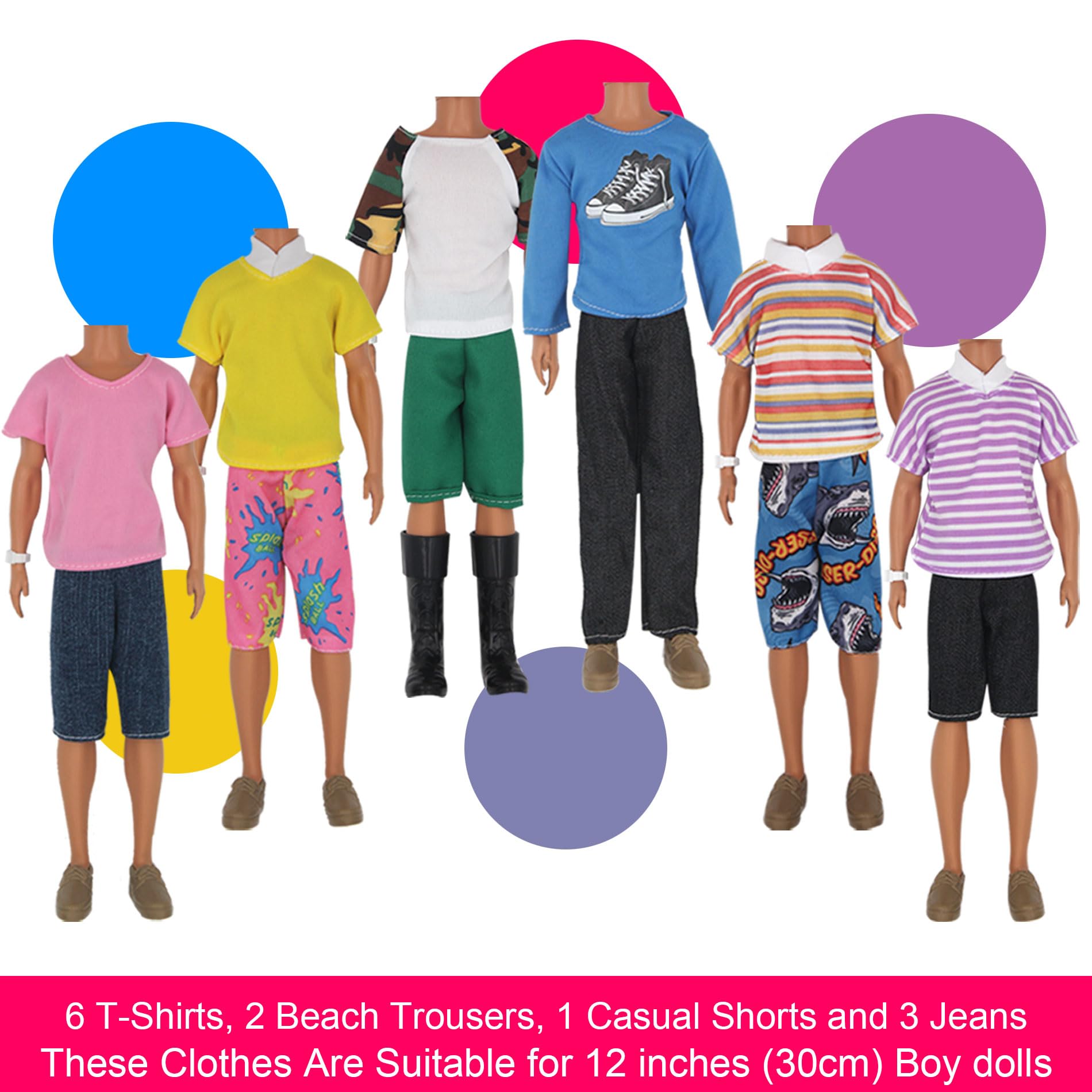 ZTWEDEN 32Pcs Doll Clothes and Accessories for 12 Inch Boy Dolls Include 20 Different Wear Clothes Shirt Jeans Beach Shorts 4 Pairs of Shoes, Glasses