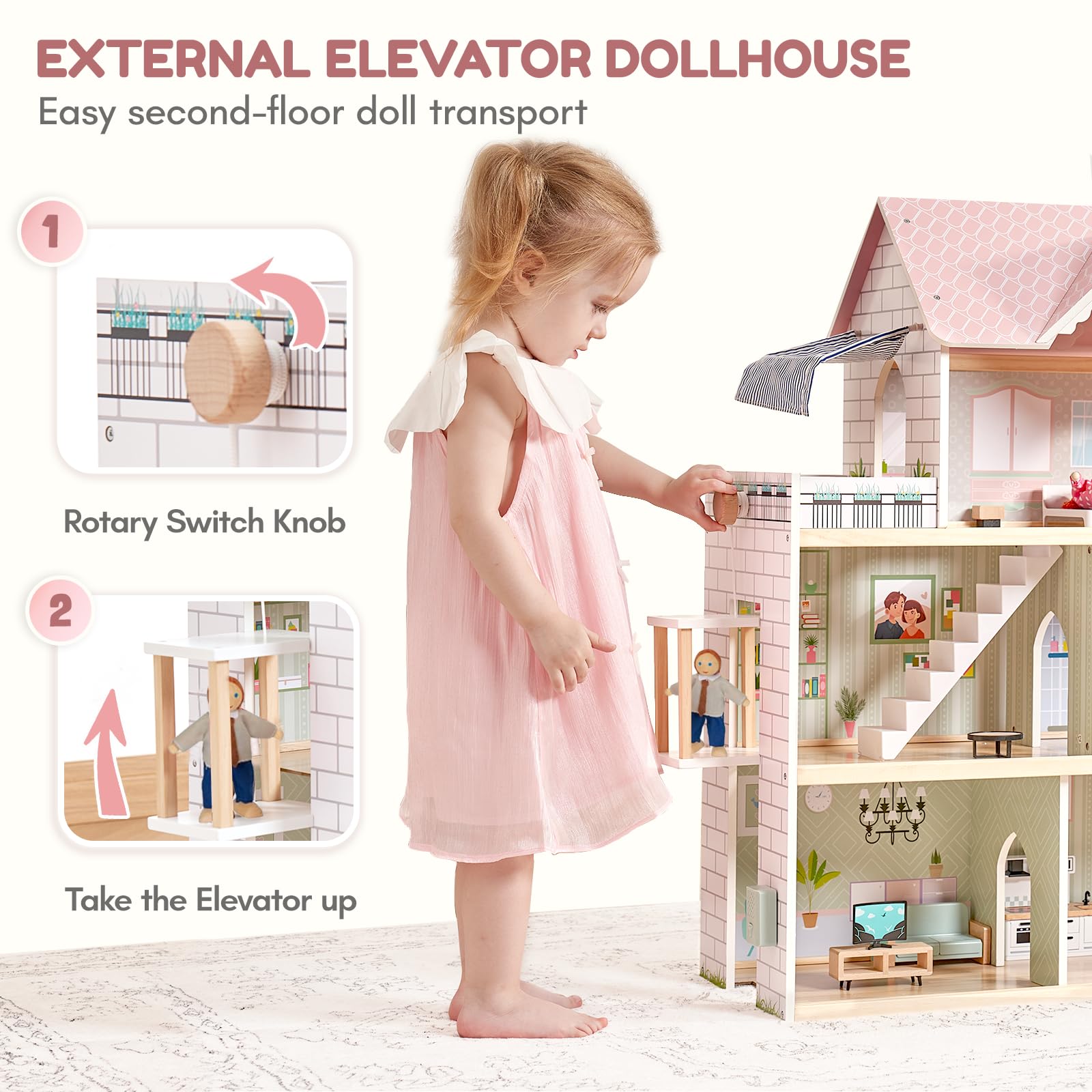 Giant bean Large Pink Wooden Dollhouse with Furniture for Girls with Doorbell, Light,Elevator, 6 Rooms 2.6ft High,17Pcs Furniture & 3 Dolls, Kids