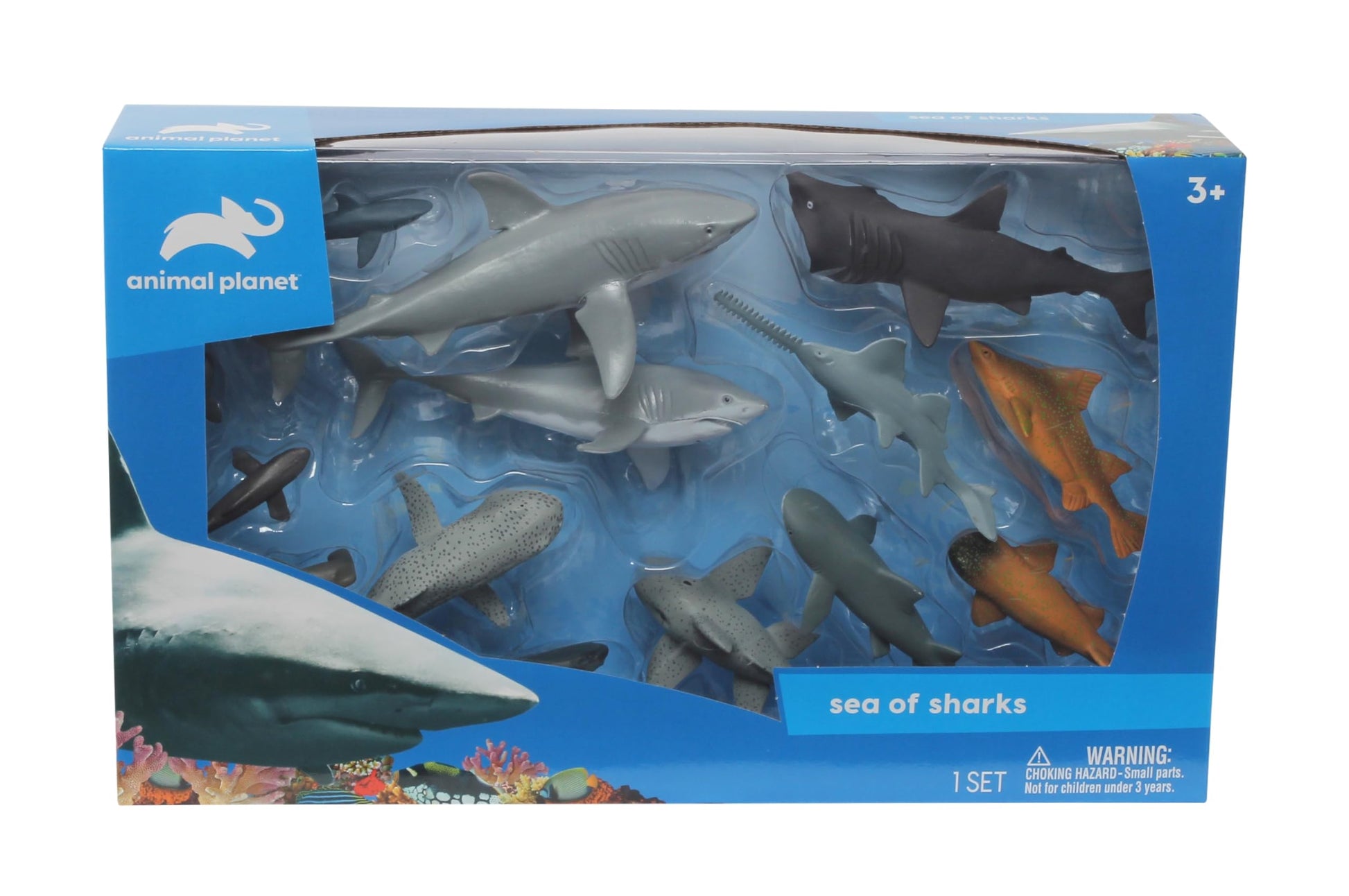 Animal Planet Sea of Sharks Playset - 14 Piece Shark Figure Set Featuring Great White, Hammerhead, Megamouth & More for Kids Ages 3+