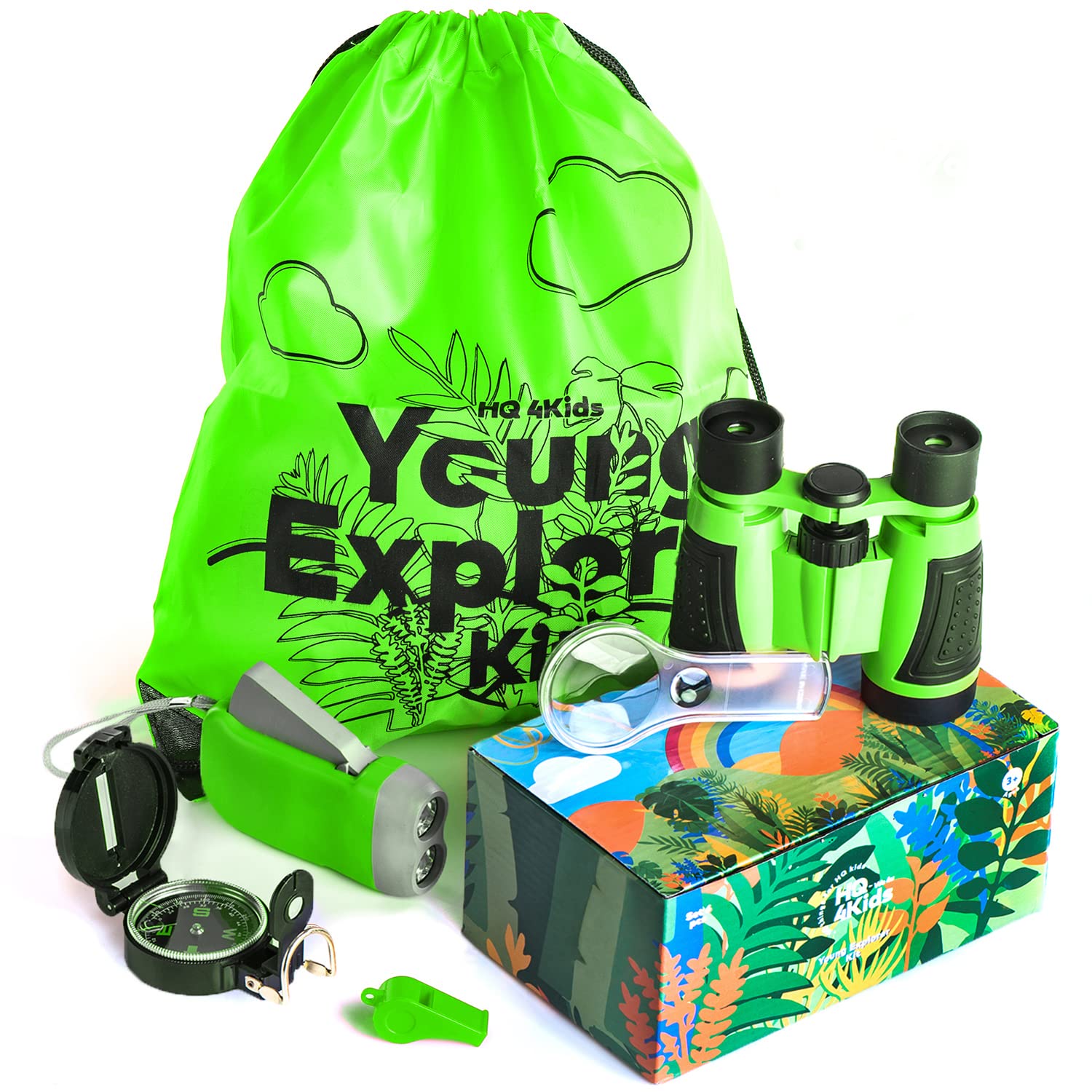 HQ 4KIDS BY: WE 4U - Outdoor Adventure Kit for Kids: Binoculars, Compass, Magnifying Glass & Flashlight. 3-12 Year Old Boys & Girls (Green) (Green)