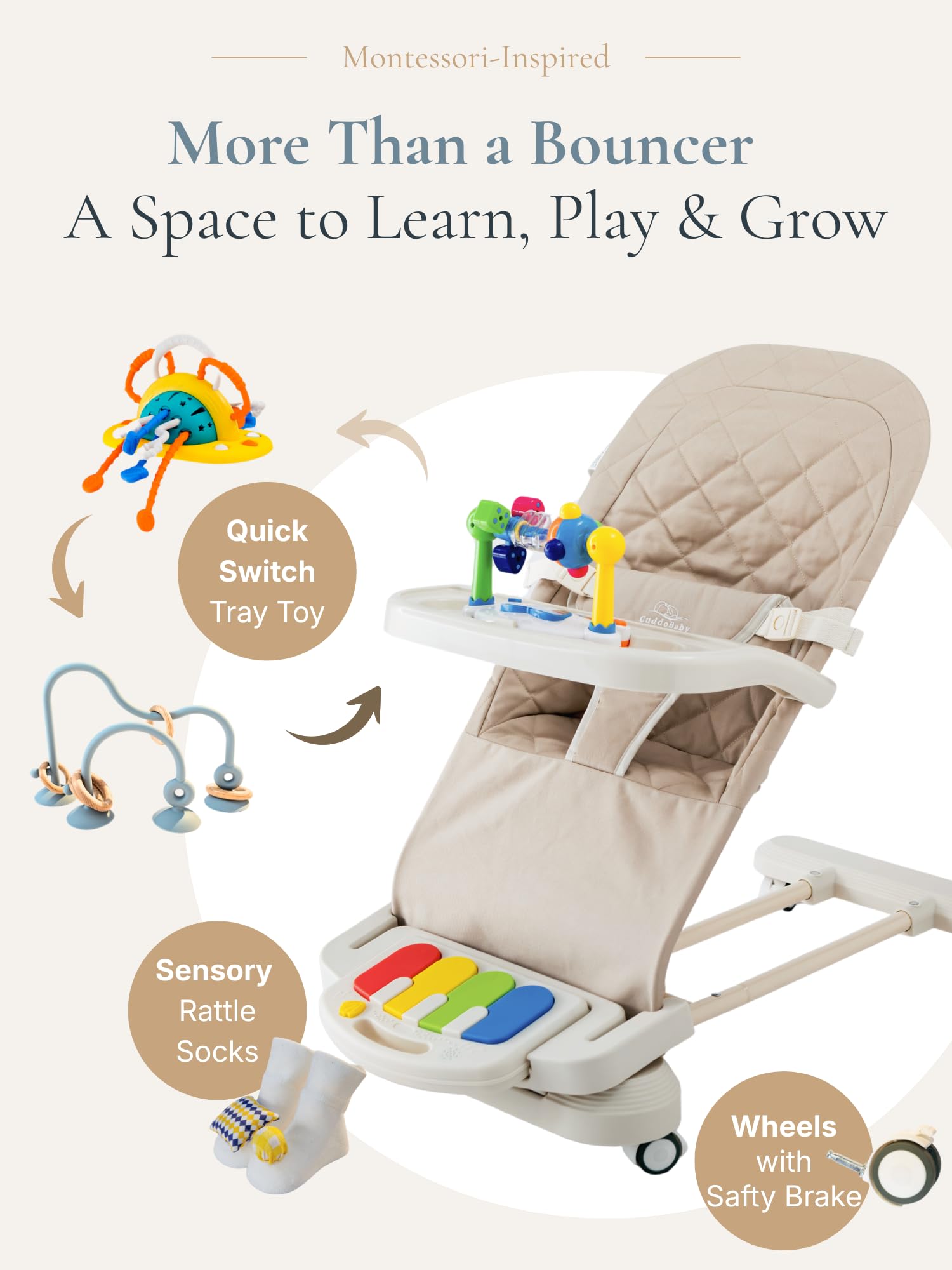 Cuddo Baby Bouncer Montessori| Sensory Toy, Piano, Tray, Rattle Socks| Khaki