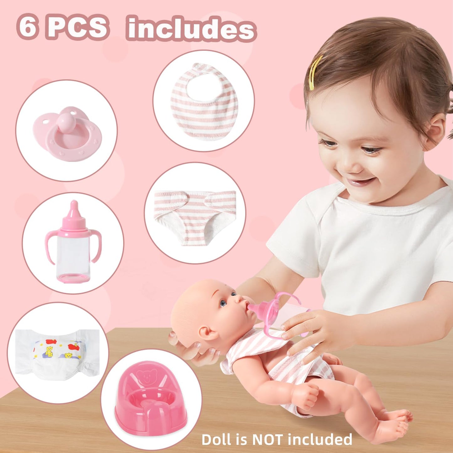 eDollable Realistic Baby Doll Accessories Set Toys for 12 inch Dolls Includes Doll Potty, Bib,Pacifier,Diaper and Feeding Bottle Perfect for Kids
