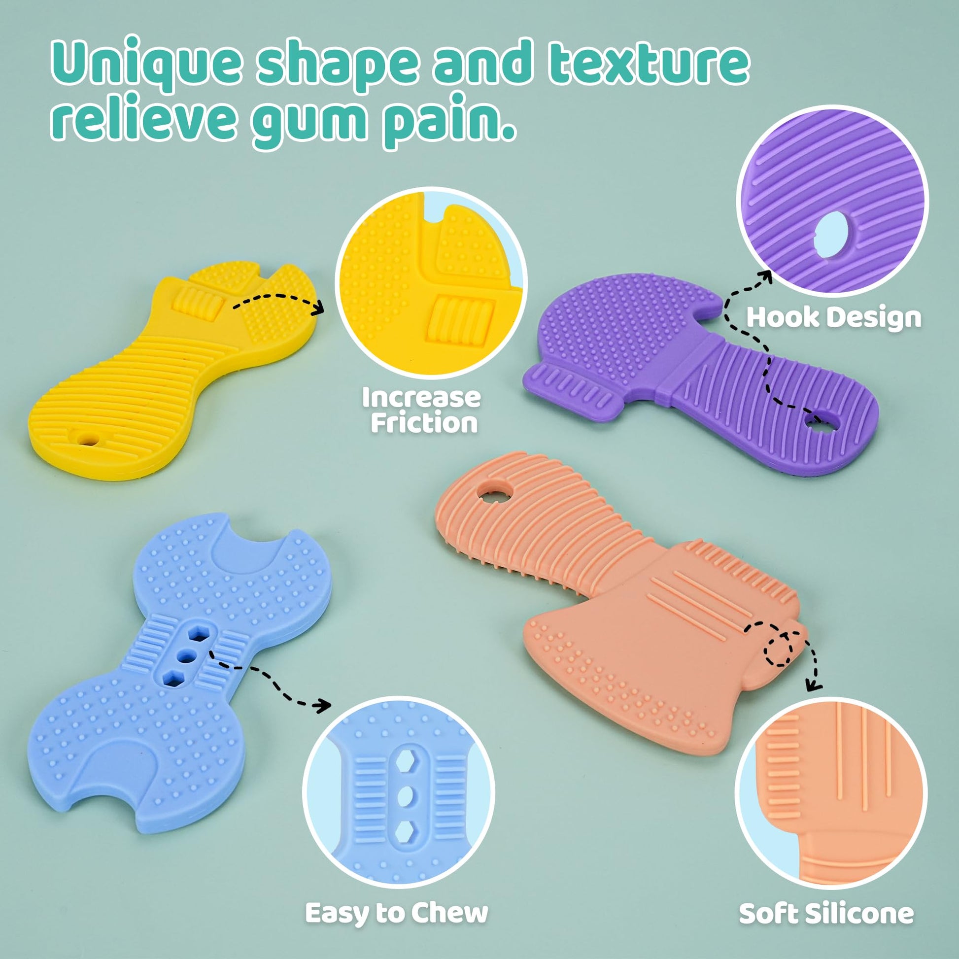Baby Teething Toys, 4 Pack Silicone Baby Teether Toys with Pacifier Clips, Tool Shape for Babies 0-6 6-12 Months, Multi-Texture Gum Massage Teething