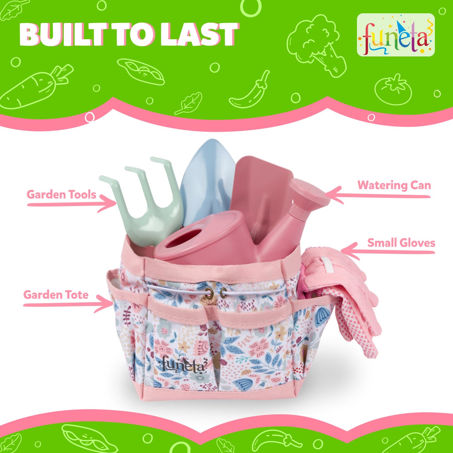 Kids Gardening Set with Watering Can - Toddlers Outdoor Gardening Kit with Planting Gloves, Shovel, Rake, Pink Tote Bag - 6PCS Kids Plant Growing Kit