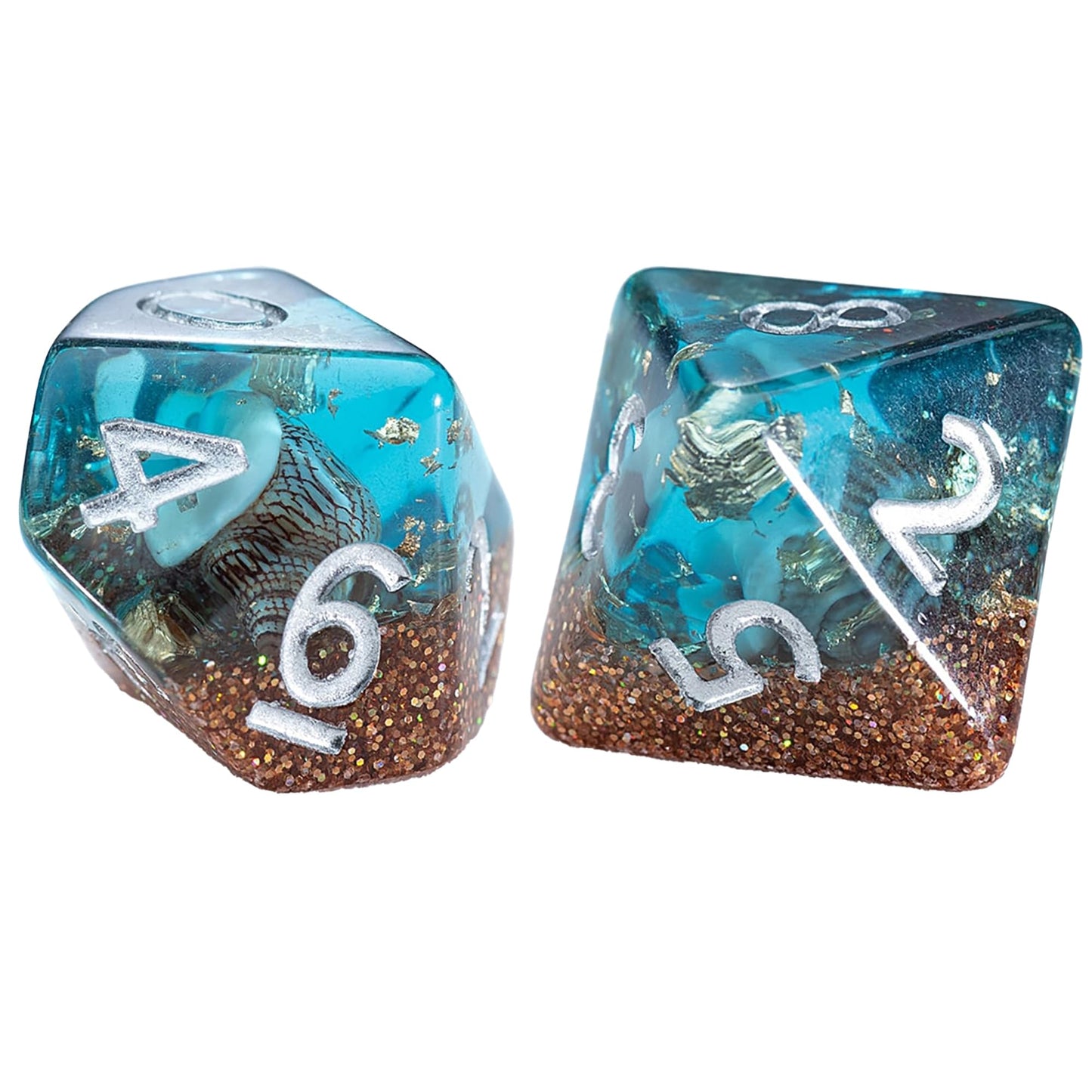 Gate Keeper Games and Dice: Inclusion Dice: Biome - Deep Sea - 7pc Set, Aquatic Blue, Sand & Conch Shell Inclusion, 7 Resin Dice for Role Playing