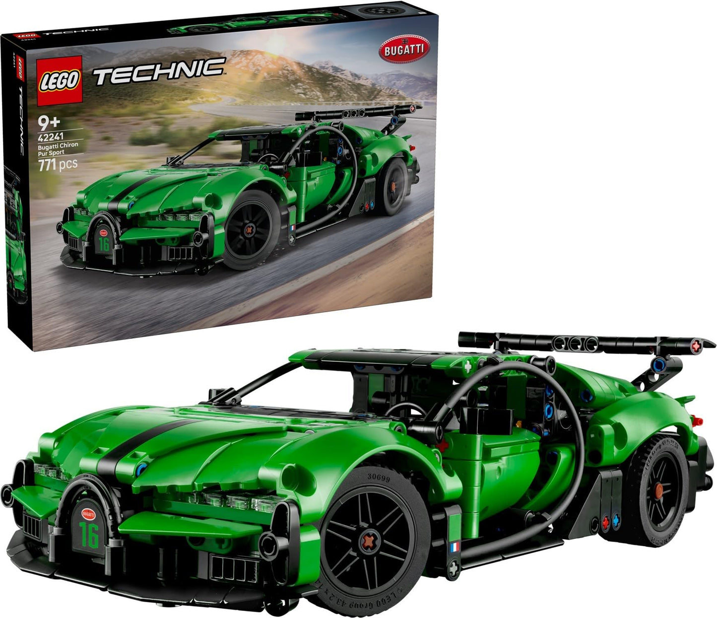 LEGO Technic Green Bugatti Chiron Pur Sport Hypercar Set #42241 - 771 Pieces, Working W16 Engine, Steering Control, Opening Doors & Hood | Ages 9+ |