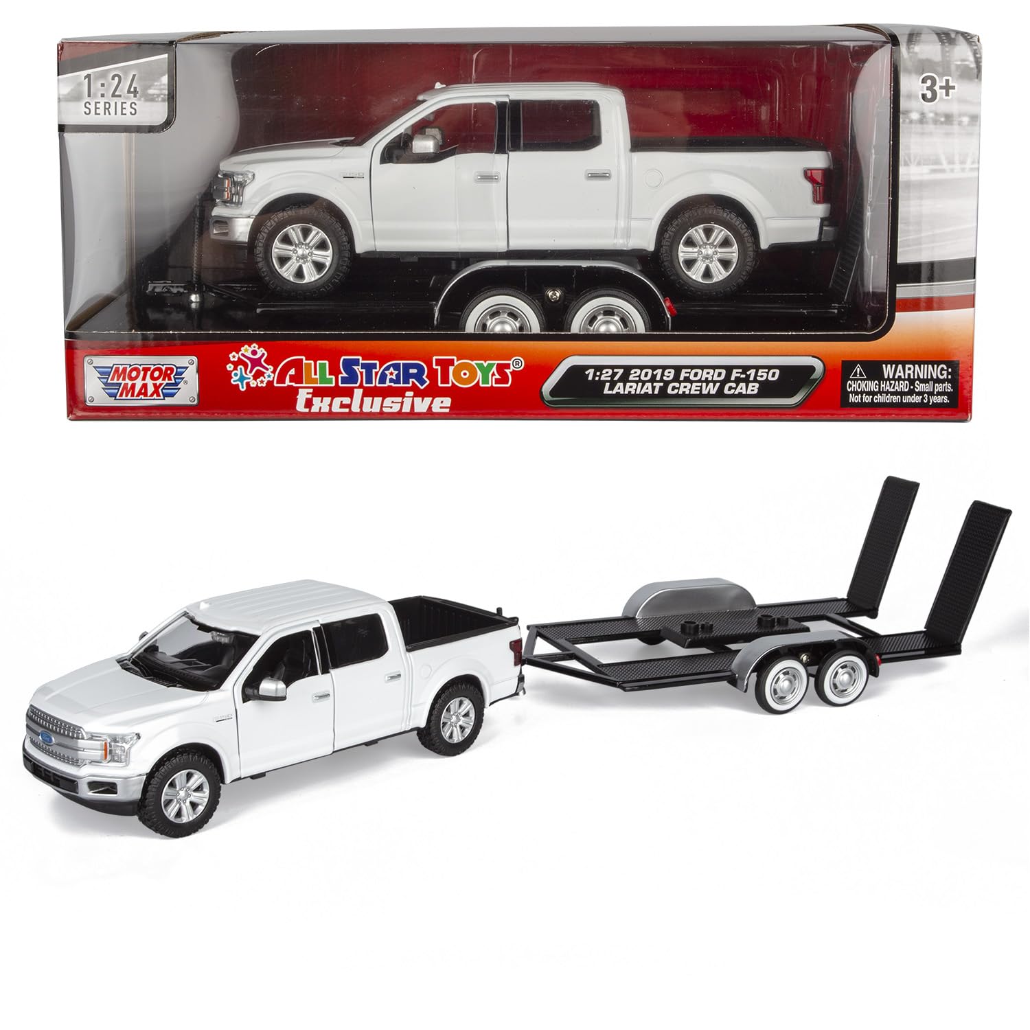 Motormax 2019 Ford F-150 Lariat Crew Cab Pickup Truck with a Car Hauler, Truck & Tow Trailer Combo - 1/27 Scale Diecast Model, White, All Star Toys