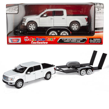 Motormax 2019 Ford F-150 Lariat Crew Cab Pickup Truck with a Car Hauler, Truck & Tow Trailer Combo - 1/27 Scale Diecast Model, White, All Star Toys