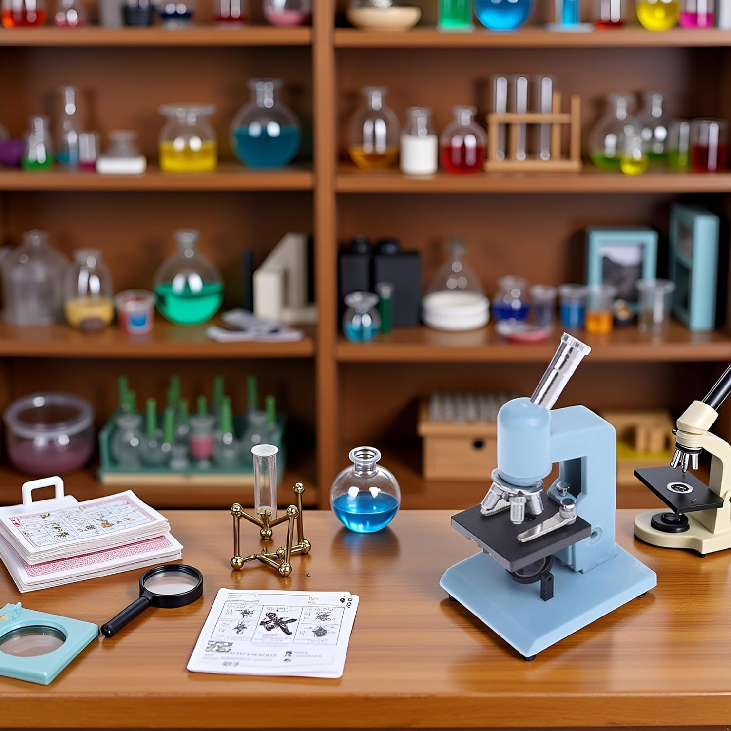 Blue Miniature Microscope, Plastic Dollhouse Mini Laboratory Tool for Dollhouse Science STEM Scene, Experiment Scene Doll House Kit for 1:12 Scale