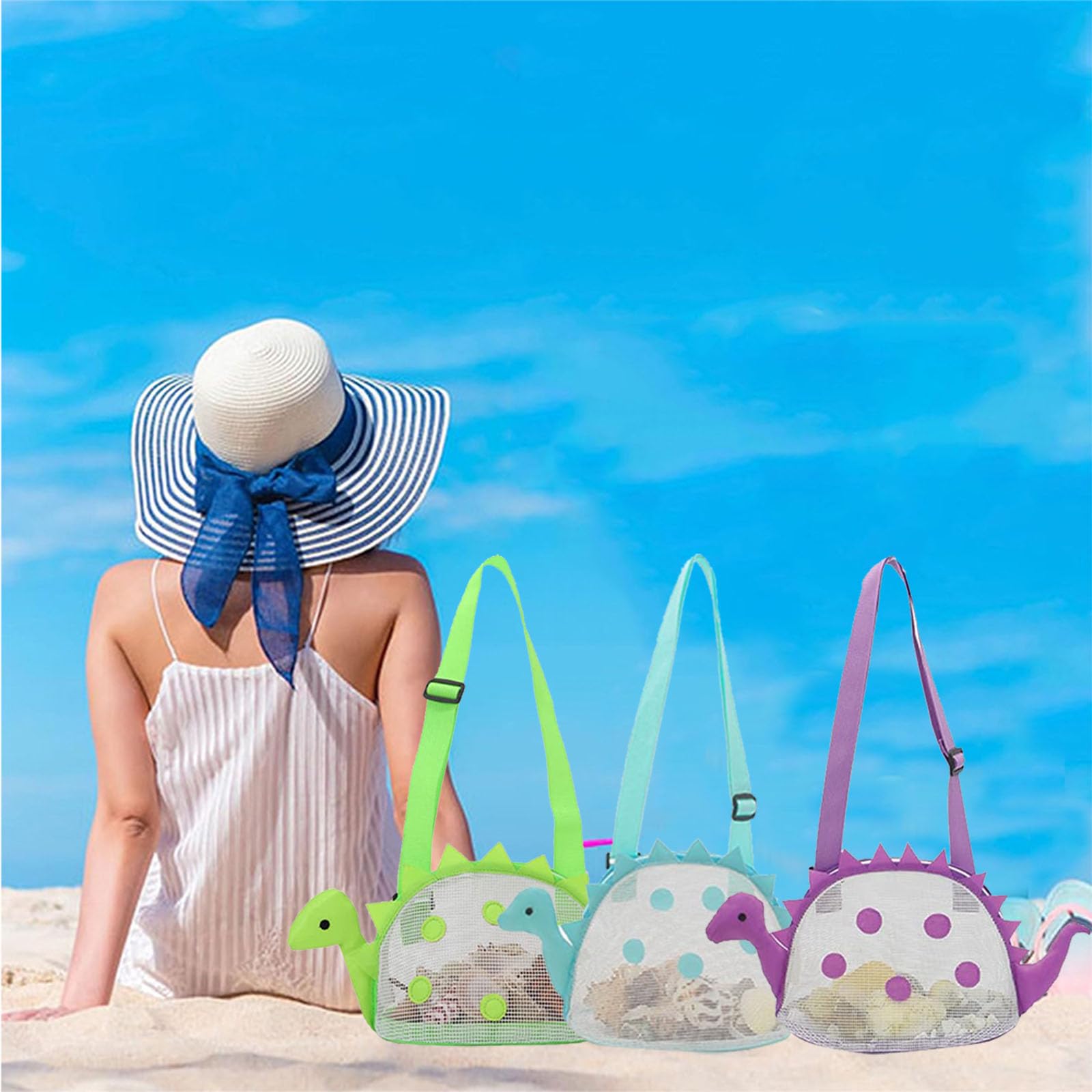 AUONY Beach Toy Mesh Beach Bag Kids Shell Bag Dinosaur Beach Sand Toy Totes for Holding Shells Beach Toys Sand Toys Swimming Accessories for Boys