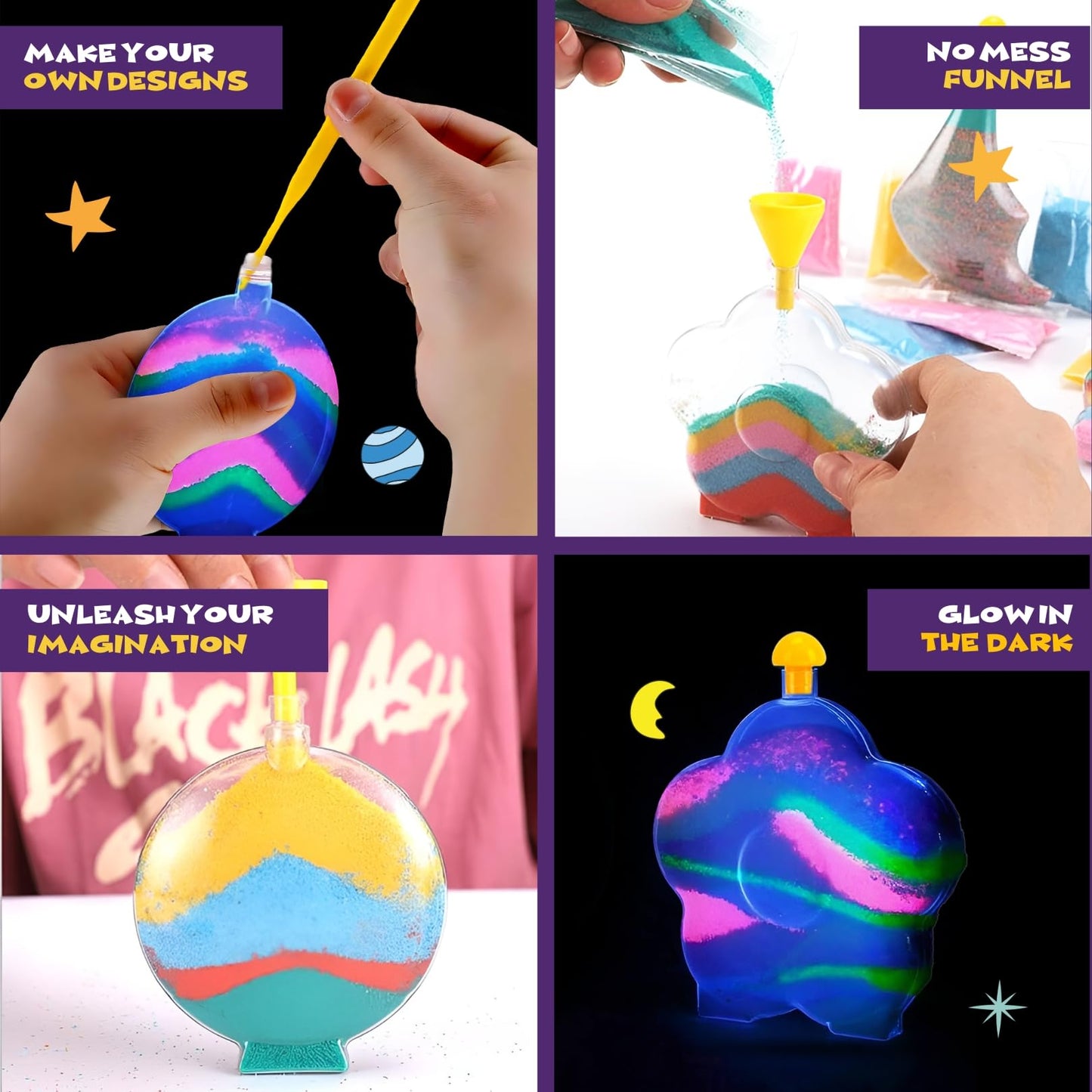 Create Your Own Magic Sand Art Glitter Activity | Glow in the Dark Colored Custom Sand Kits for Kids - Includes 12 Bottles, Funnels, Sticks, 60 Bags