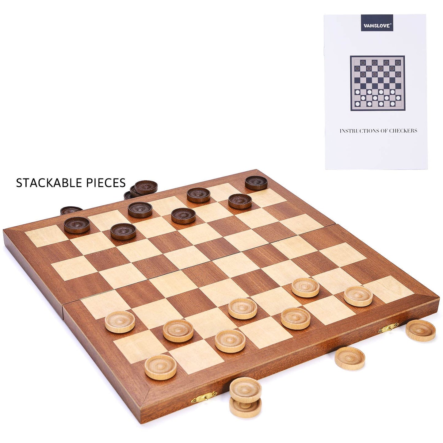 VAMSLOVE 14inch Checkers Folding Wooden Game Set, 8x8 Classic Checkerboard International Checkers Draughts Board 64 Square with Pieces Storage Slots