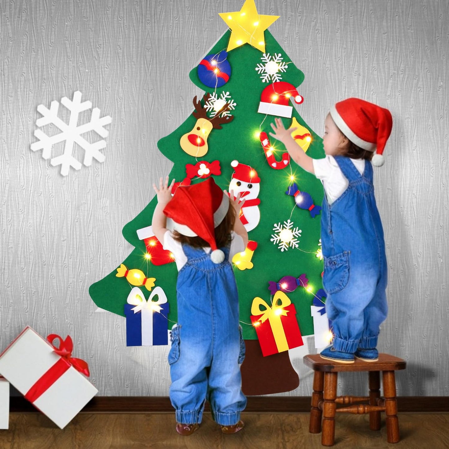 Abakuku 3FT DIY Felt Christmas Tree for Kids with 31pcs Detachable Ornaments,Wall Hanging Xmas Christmas Decorations with String Light (Batteries Not